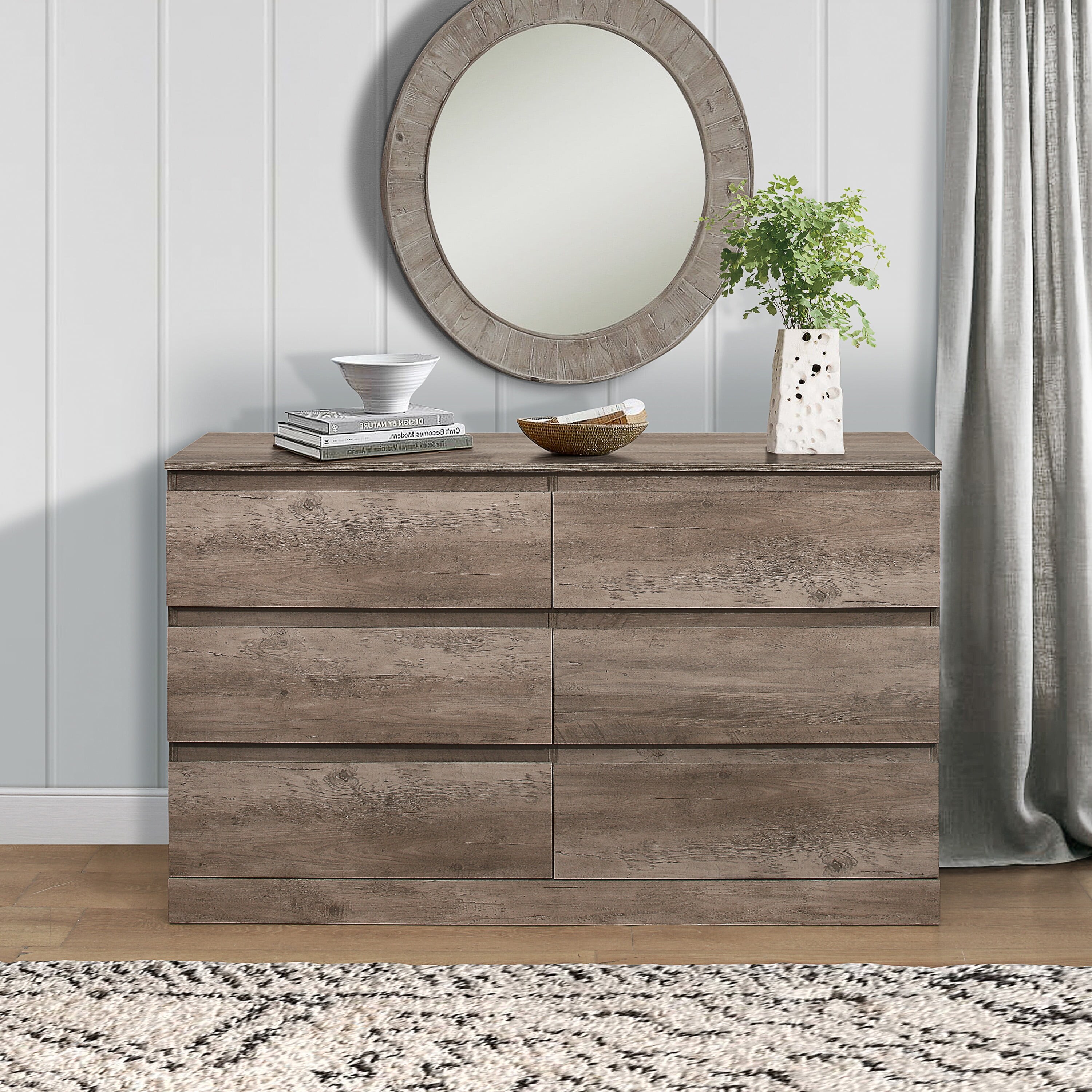 Brindle 6-Drawer Horizontal Dresser， Gray Oak Finish - - 36139150 - Mycitystee