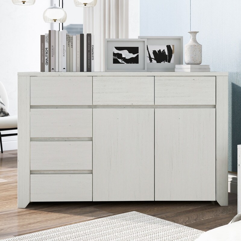 Off White Wood Dresser with 6 Drawers and Two Doors - - 37563453 - Mycitystee