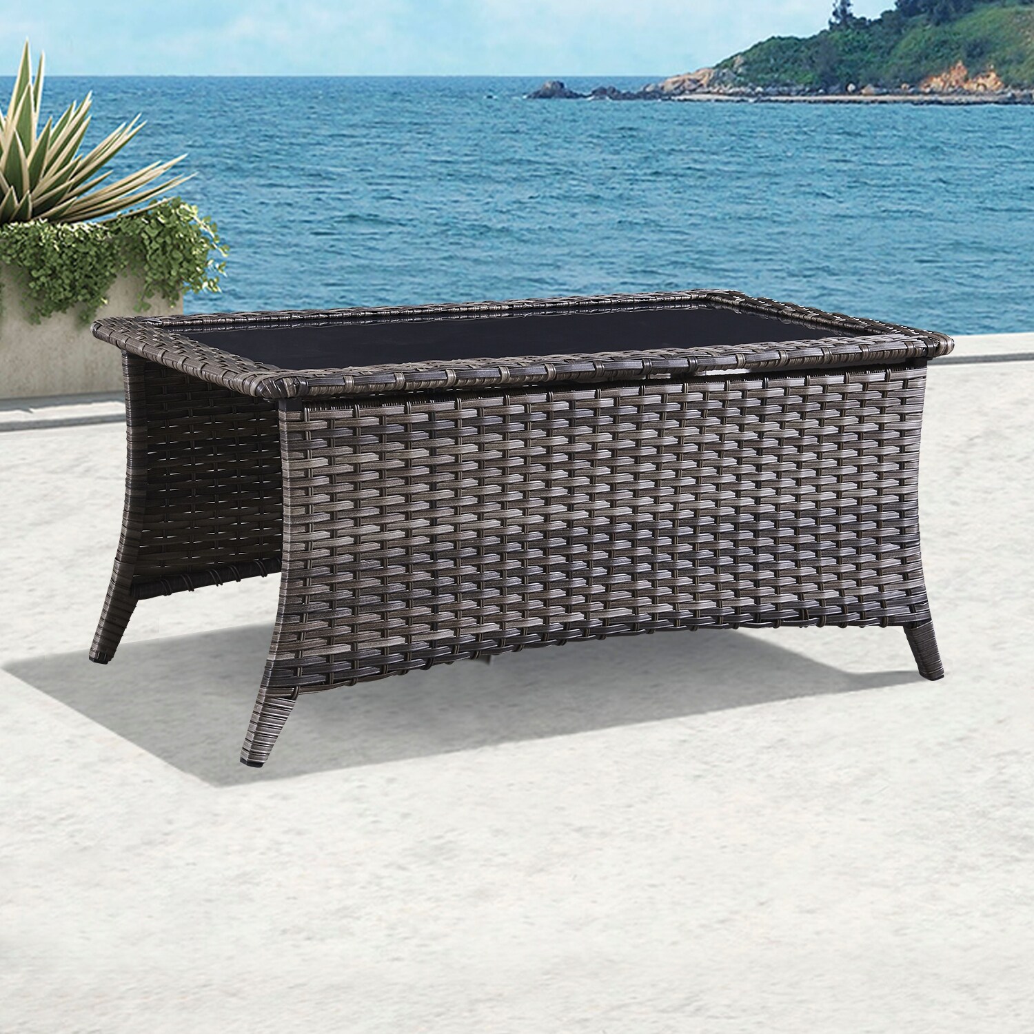 Outdoor Wicker Coffee Table Glass Top Table End Table - Mycitystee