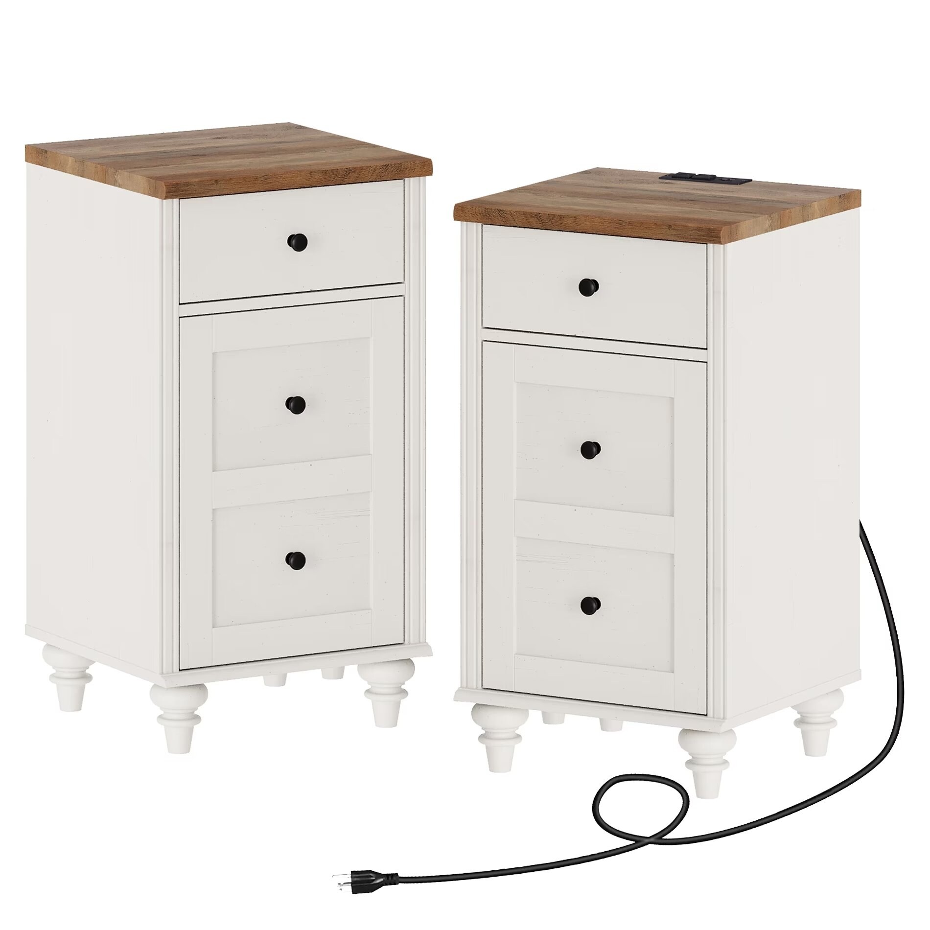 Set of 2 End Tables with Charging Station and Storage Cabinet， Off White - Mycitystee