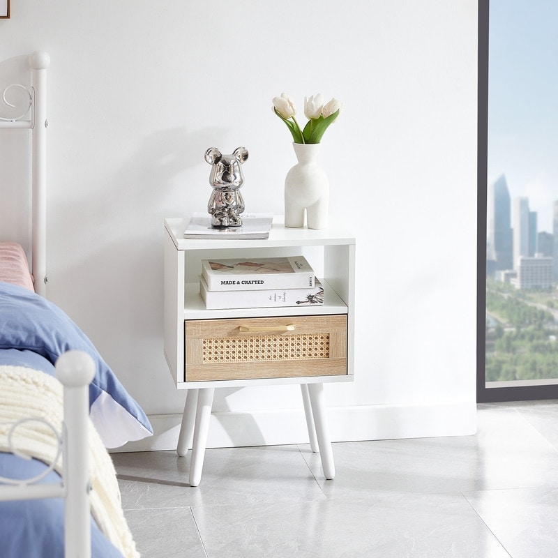 Rattan End table with drawer and solid wood legs - Mycitystee
