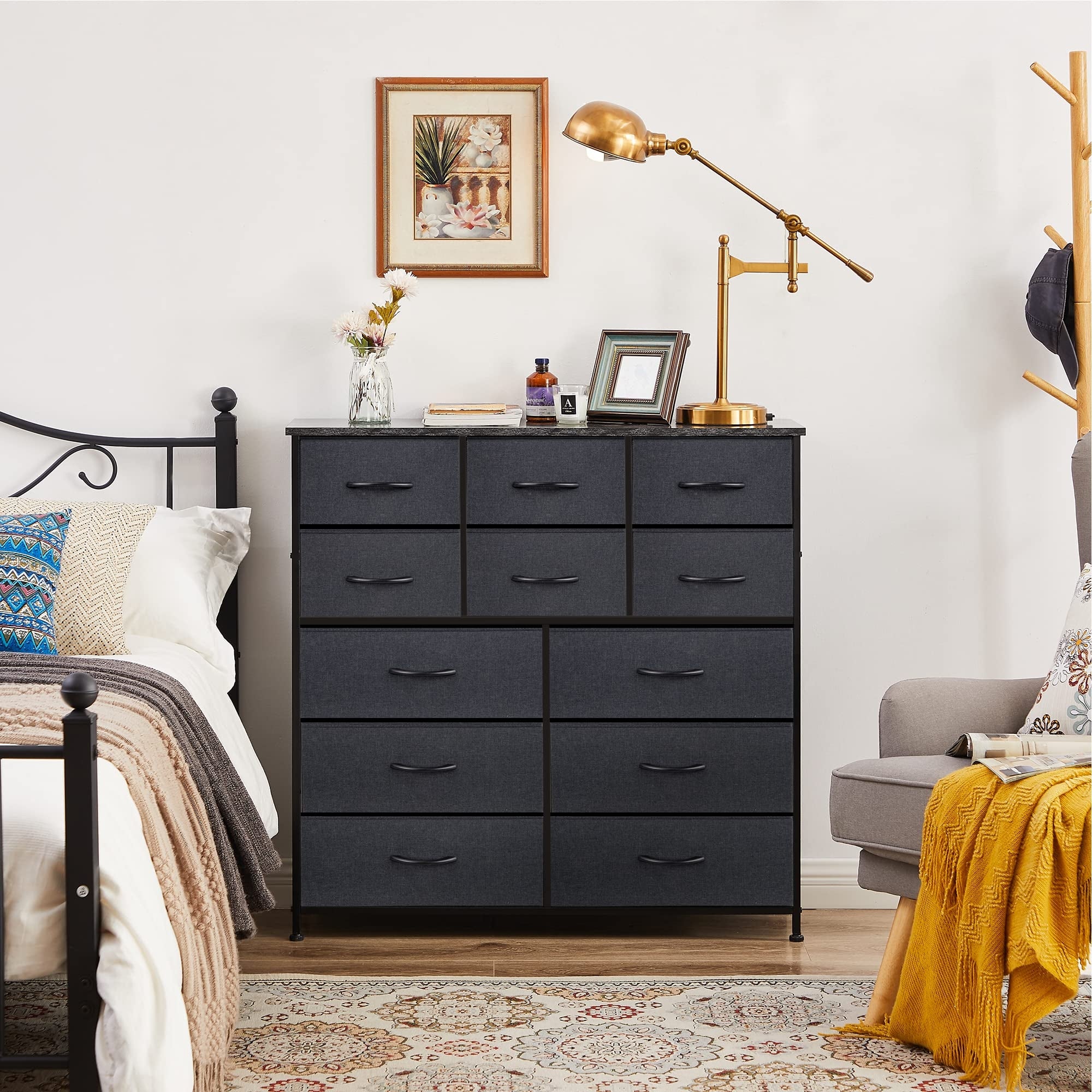 Dresser for Bedroom Fabric Storage Tower 12 Drawer Black Dresser with Wood Top Sturdy Steel Frame Storage - as picture - - 37668770 - Mycitystee