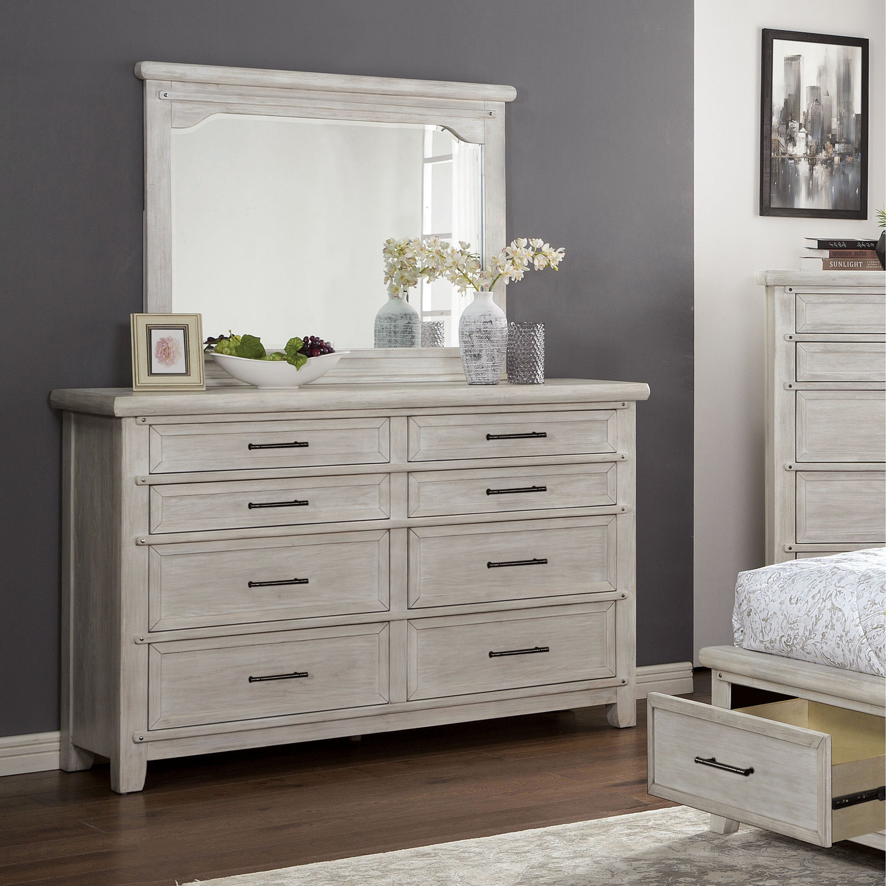 Furniture of America Tiwo Farmhouse White Dresser and Mirror Set - - 31451297 - Mycitystee