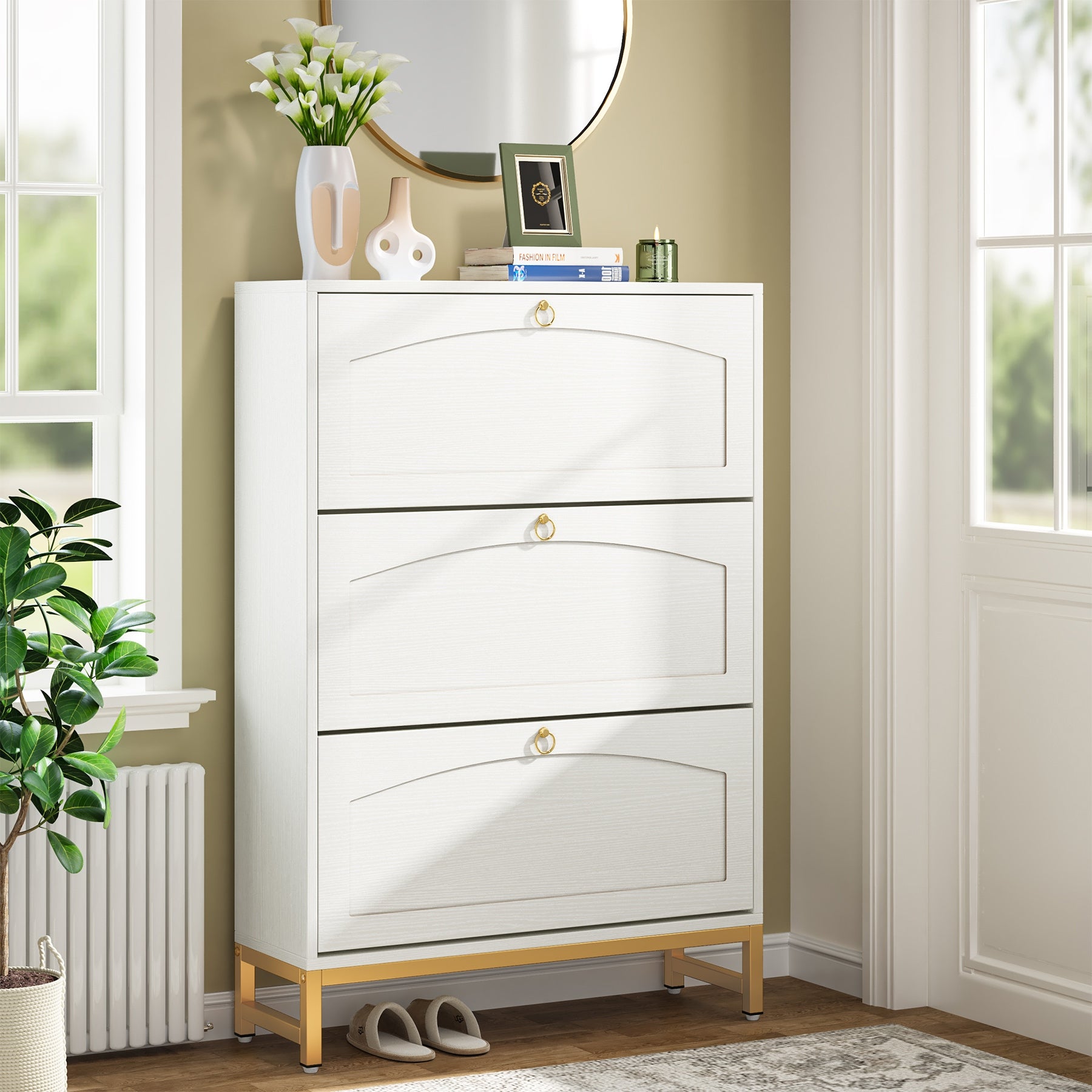 White Shoe Cabinet， 24 Pair Wood Shoe Rack Storage Organizer - - 36919679 - Mycitystee