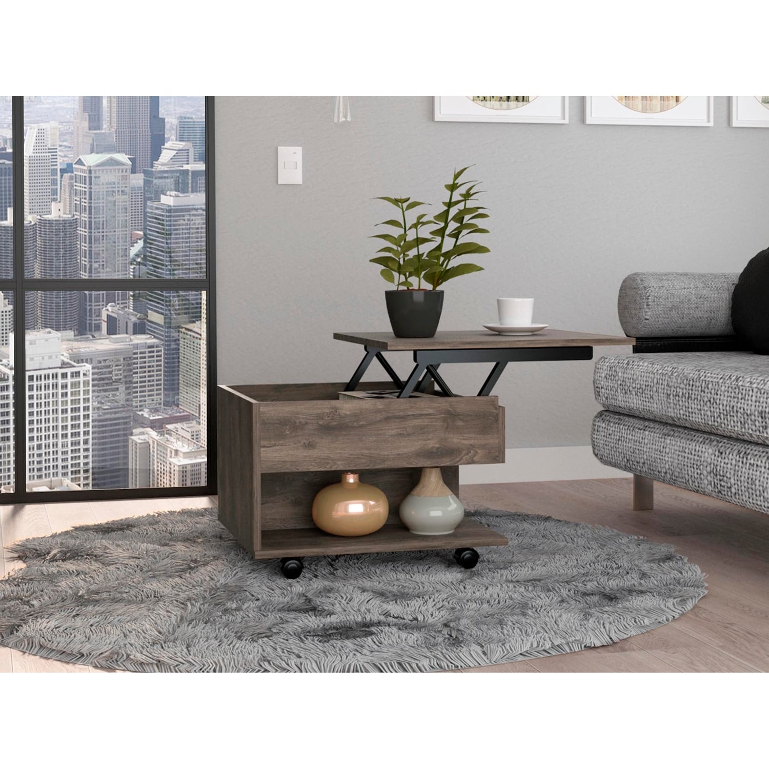 Lift Top Coffee Table with 1 Drawer，1 Shelf and 4 Wheels - Mycitystee