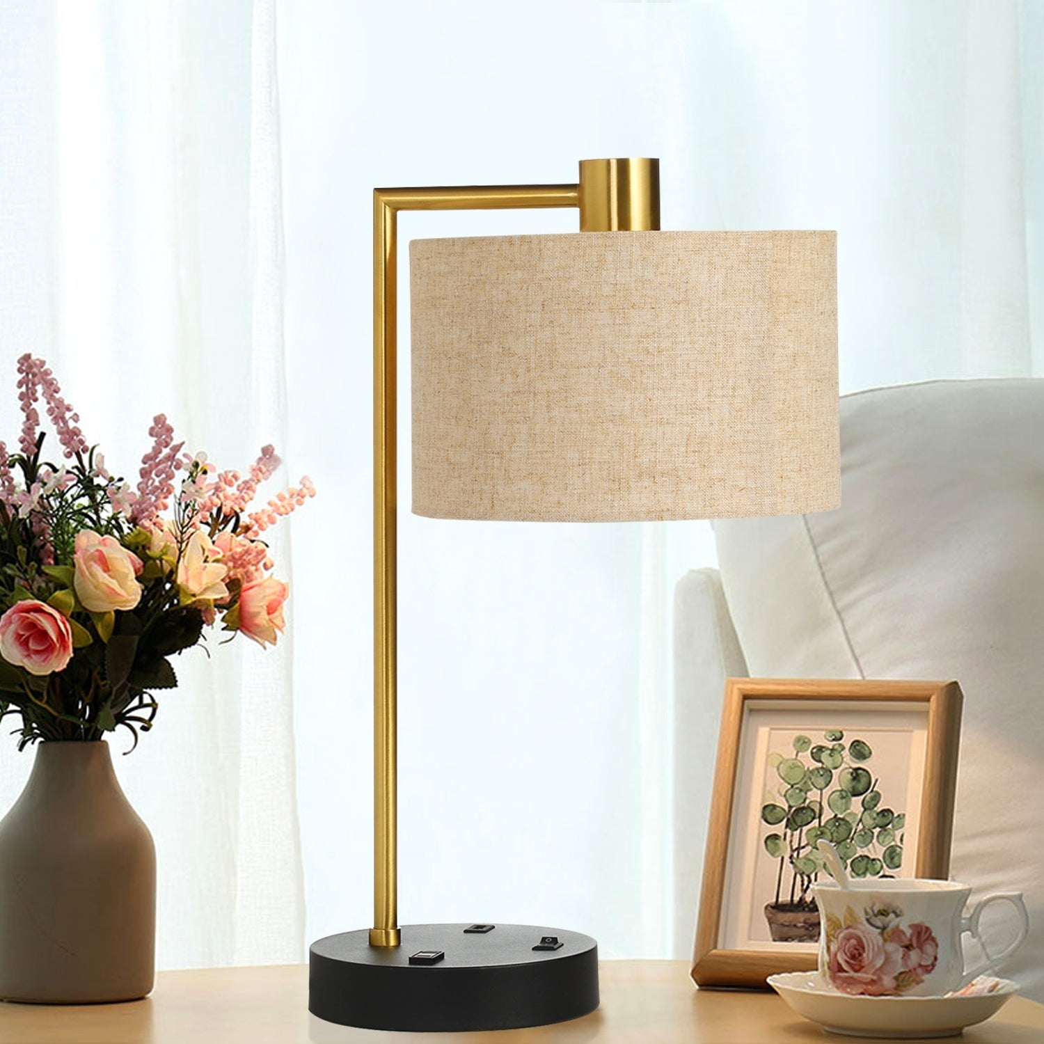 Classic Fabric Shade Gold Table Lamp with 3000K LED Bulb - Mycitystee