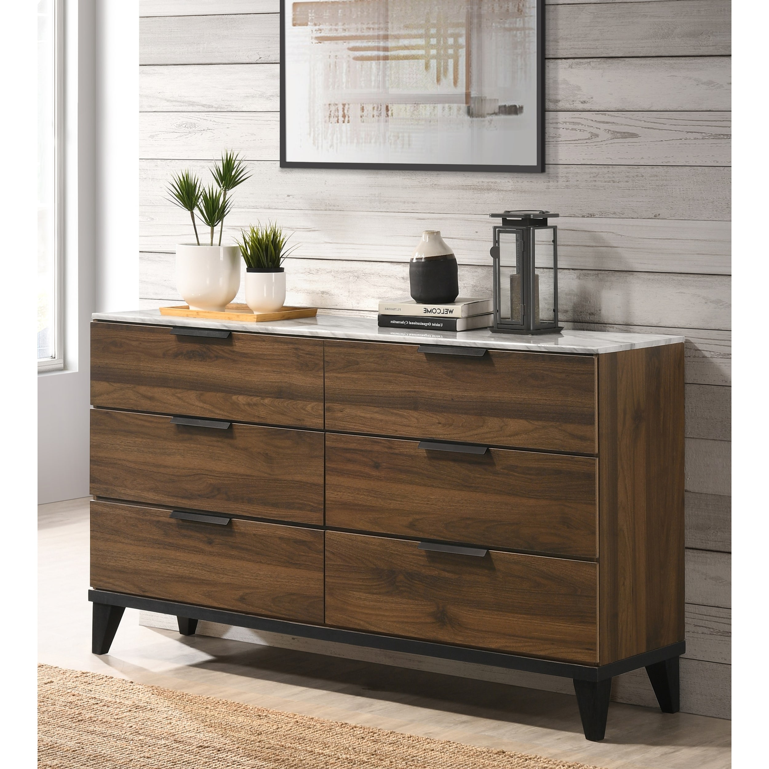 Nimble Modern Brown Wooden Space-saving 6 Drawer Dresser with White Marble Top - - 37244142 - Mycitystee
