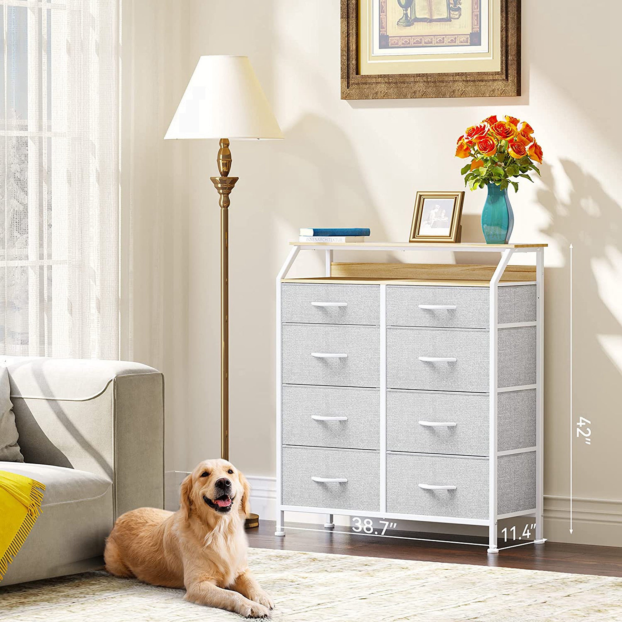 8 Drawers Fabric Dresser with Storage， Tower Cabinet， Wooden Top - - 37475722 - Mycitystee