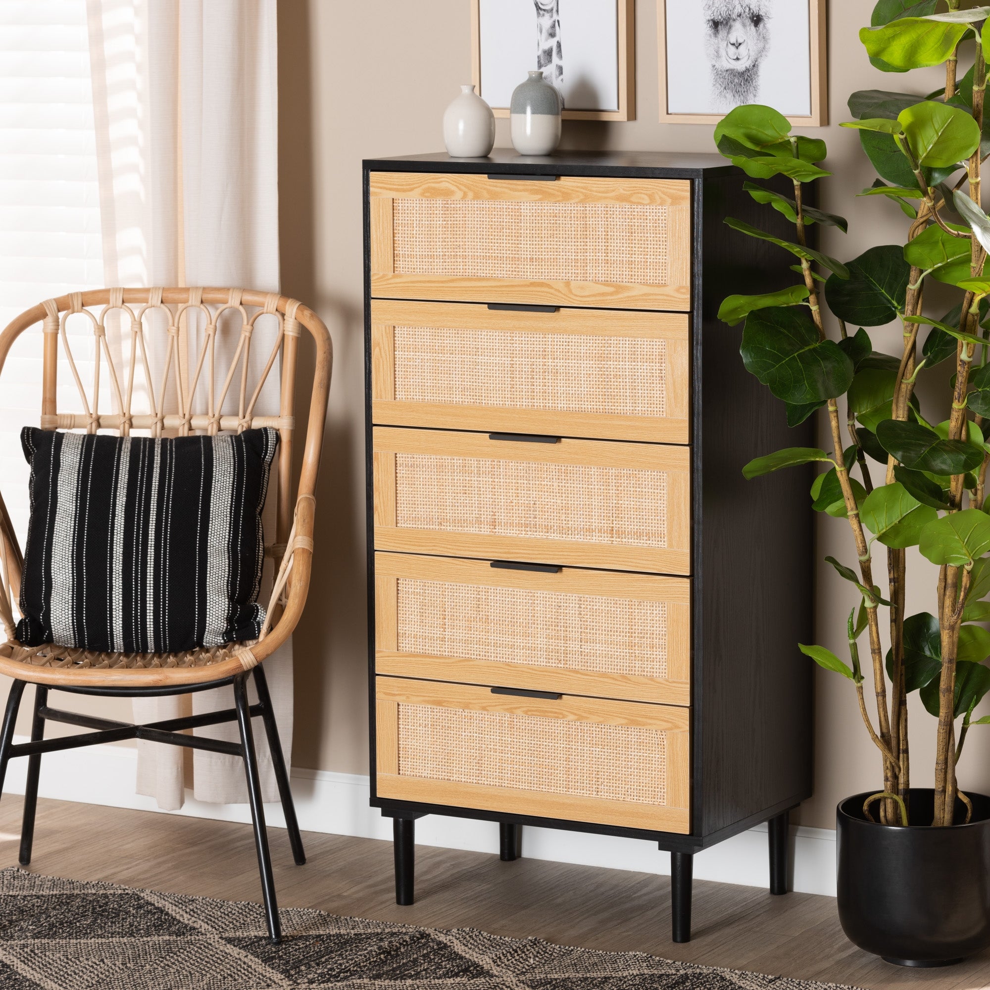 Maureen Mid-Century Modern Espresso Brown Wood and Rattan 5-Drawer Storage Cabinet - - 36118438 - Mycitystee