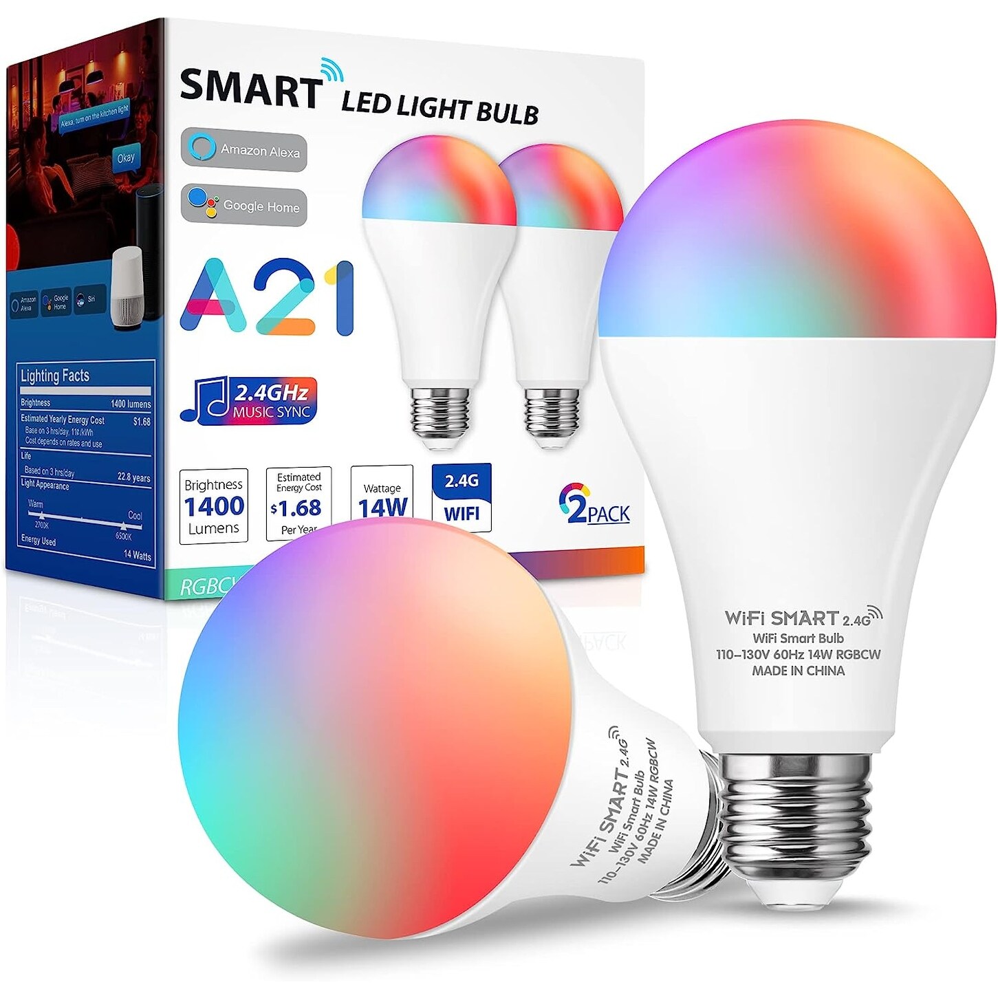100-Watt-Equivalent A21 WIFI Dimmable RGBCW Color Changing Smart LED Bulbs in 6500K (2-Pack) - White - 5.31 in. - Mycitystee