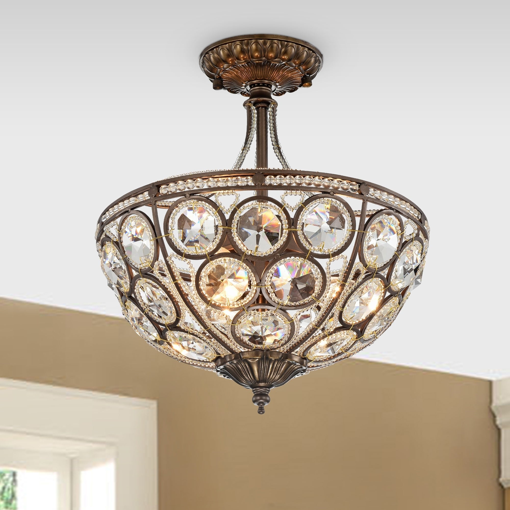 Gracewood Hollow Kaling Antique Bronze 3-light Semi-flush Mount with Crystal Bowl Shade - Mycitystee