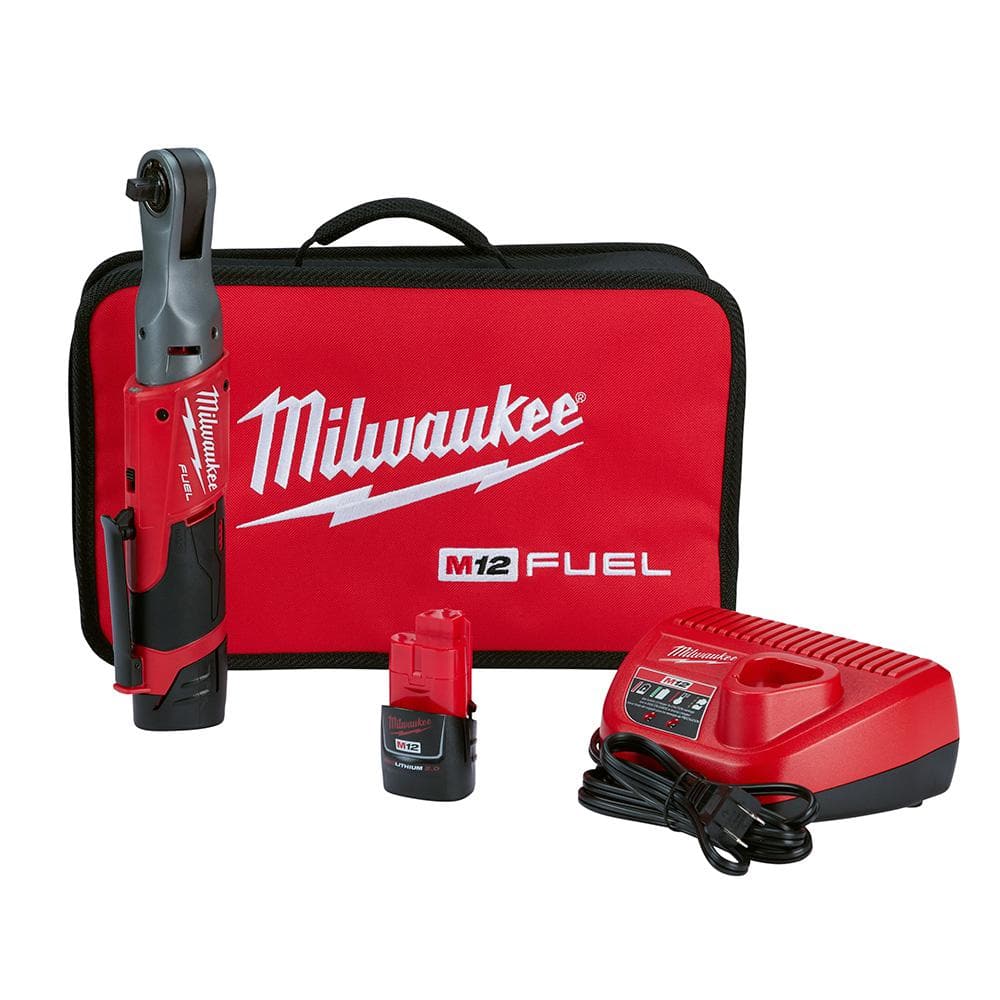 Milwaukee M12 FUEL 12V Lithium-Ion Brushless Cordless 3/8 in. Ratchet Kit with (2) 2.0Ah Batteries, Charger & Tool Bag 2557-22 - Mycitystee