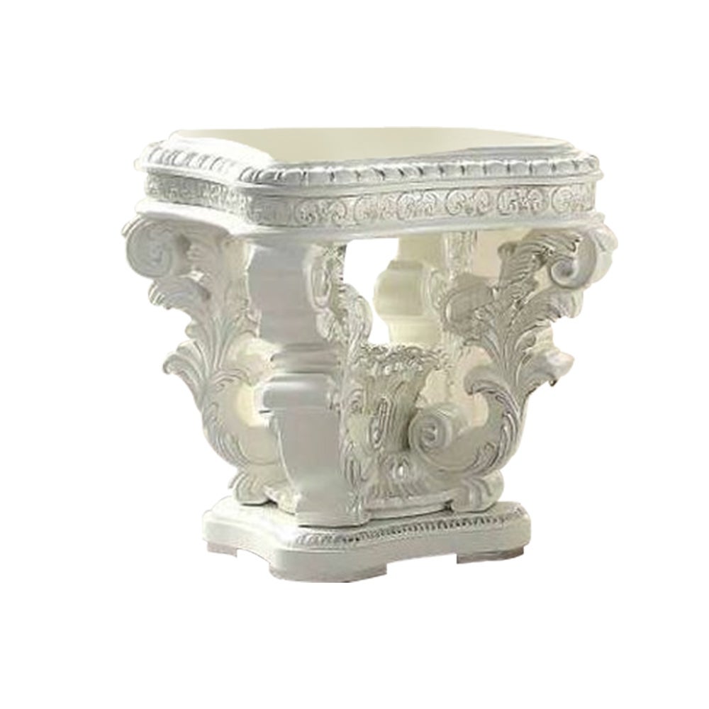 Kin 29 Inch Wood End Table， Raised Scrolled Pedestal， Ornate Motif， White - Mycitystee