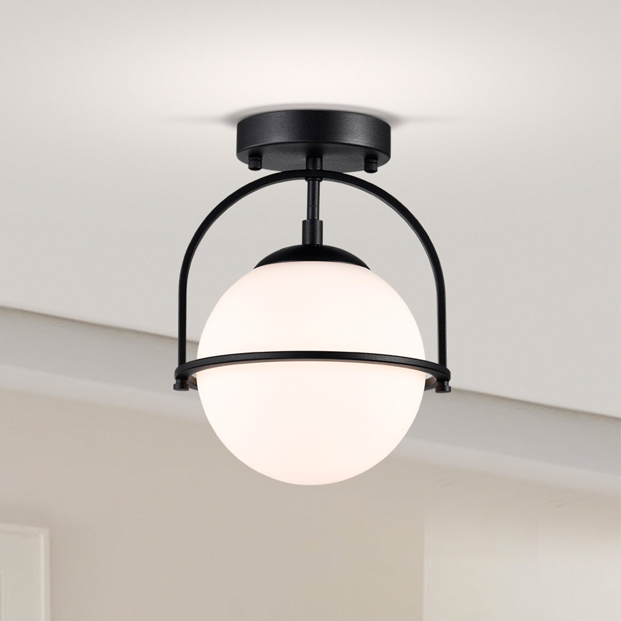 Mid Century Orb Flush Mount Ceiling Light Opal Glass Black Chandelier - Mycitystee