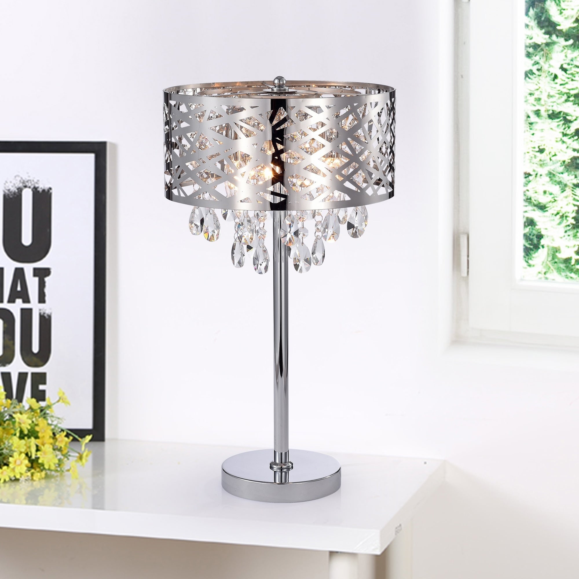 Malati Chrome Crystal Accent 3 Light Steel Table Lamp Wish Metal Shade - Mycitystee