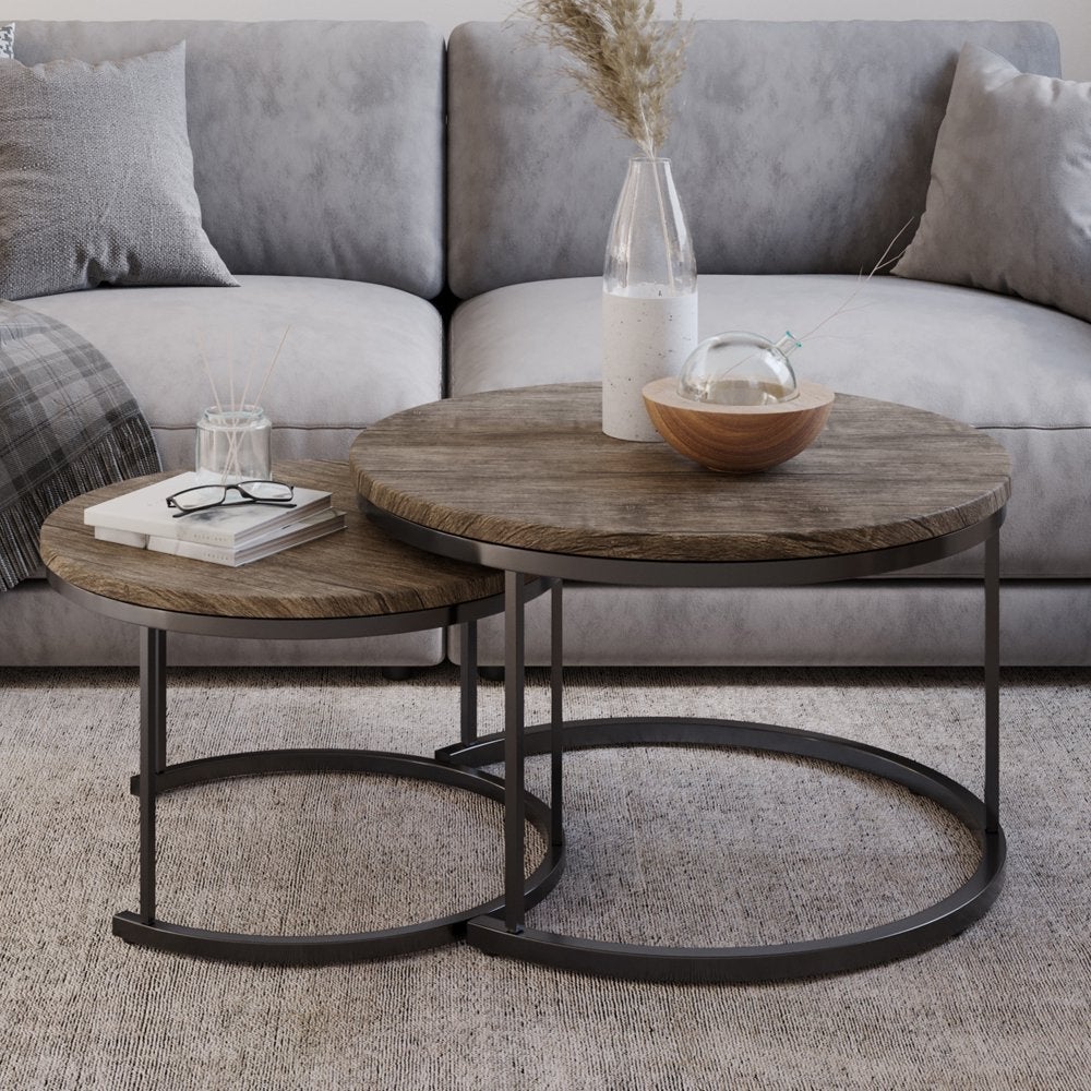 Round Coffee Table Set - 2-Piece Nesting Tables to Use Together or Separately - Modern Farmhouse Style (Gray-Brown) - Mycitystee