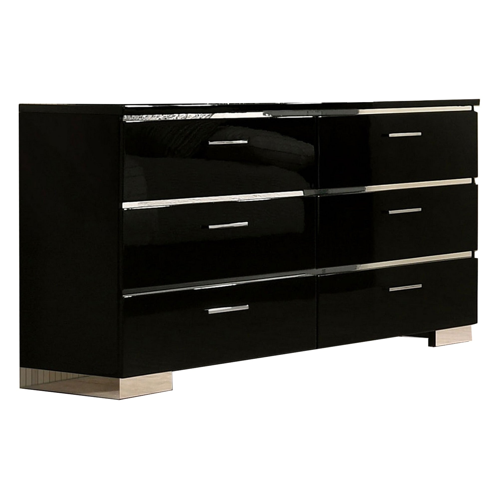 63 Inches 6 Drawer Dresser with Metal Legs， Black and Chrome - - 32763689 - Mycitystee