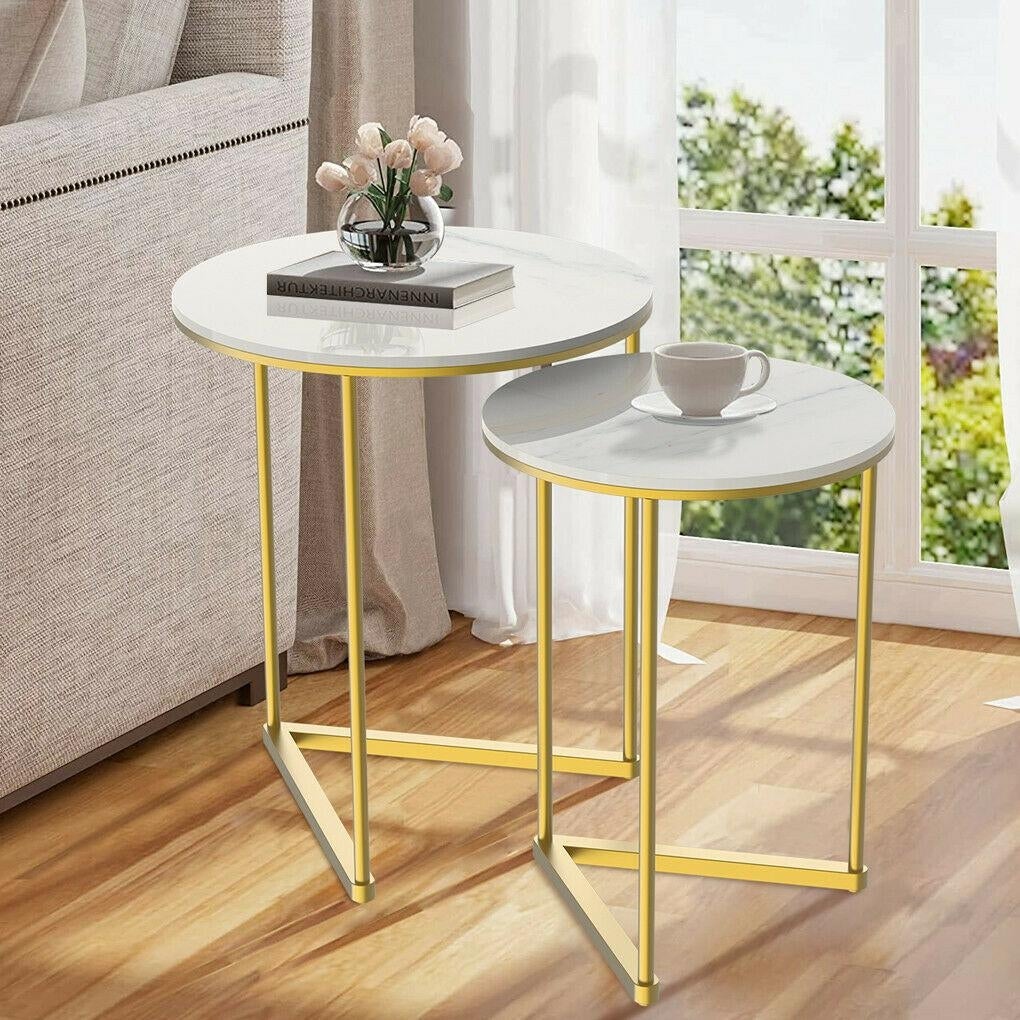 2 Pieces Modern Faux Marble Round Coffee Nesting Table Storage Shelf - Mycitystee