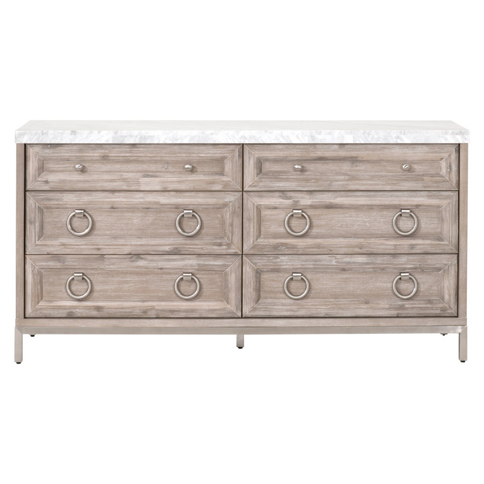 6 Drawer Dresser with Textured Marble Top， Distressed Brown - - 35206216 - Mycitystee