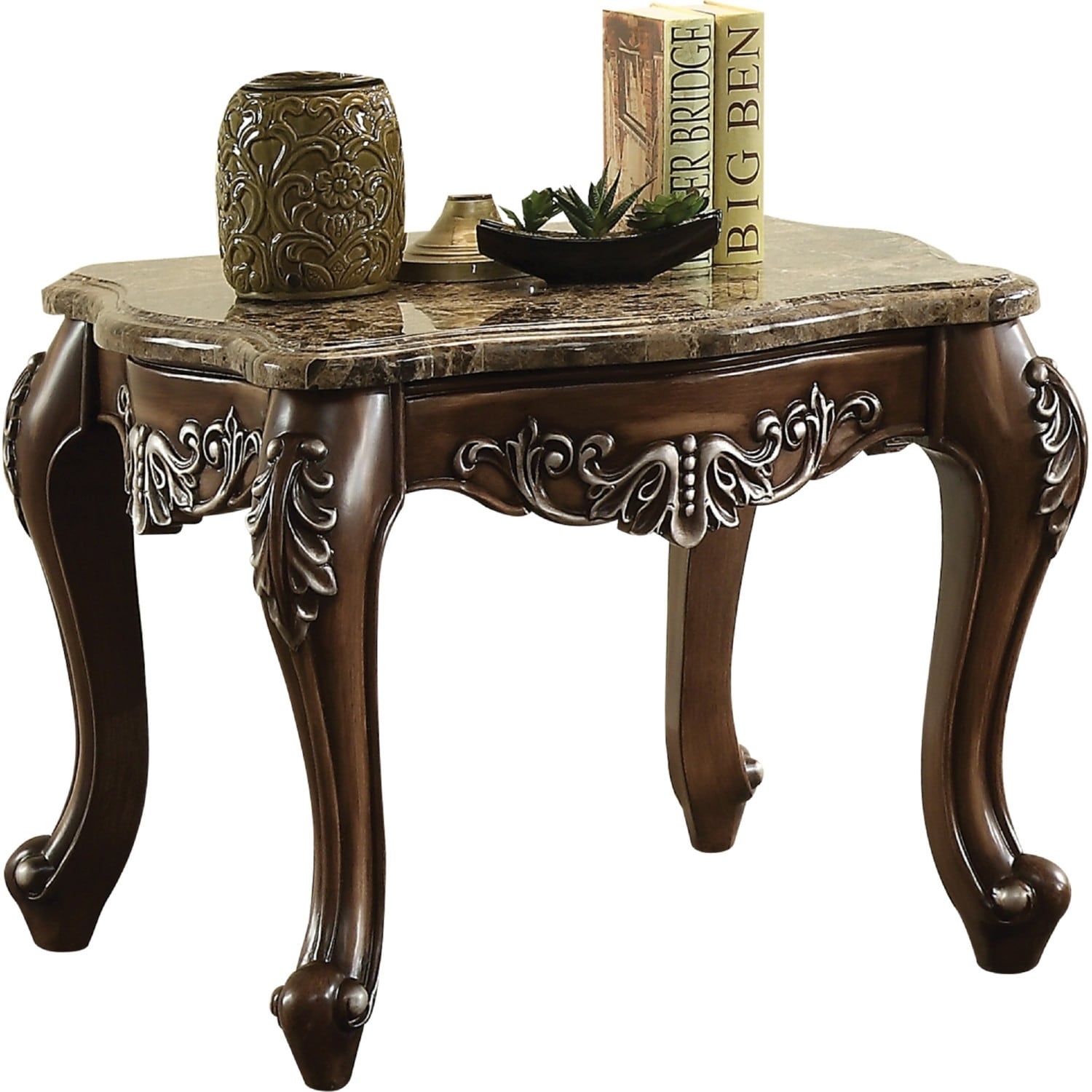 Wooden End Table with Marble Top in Antique Oak Brown - Mycitystee