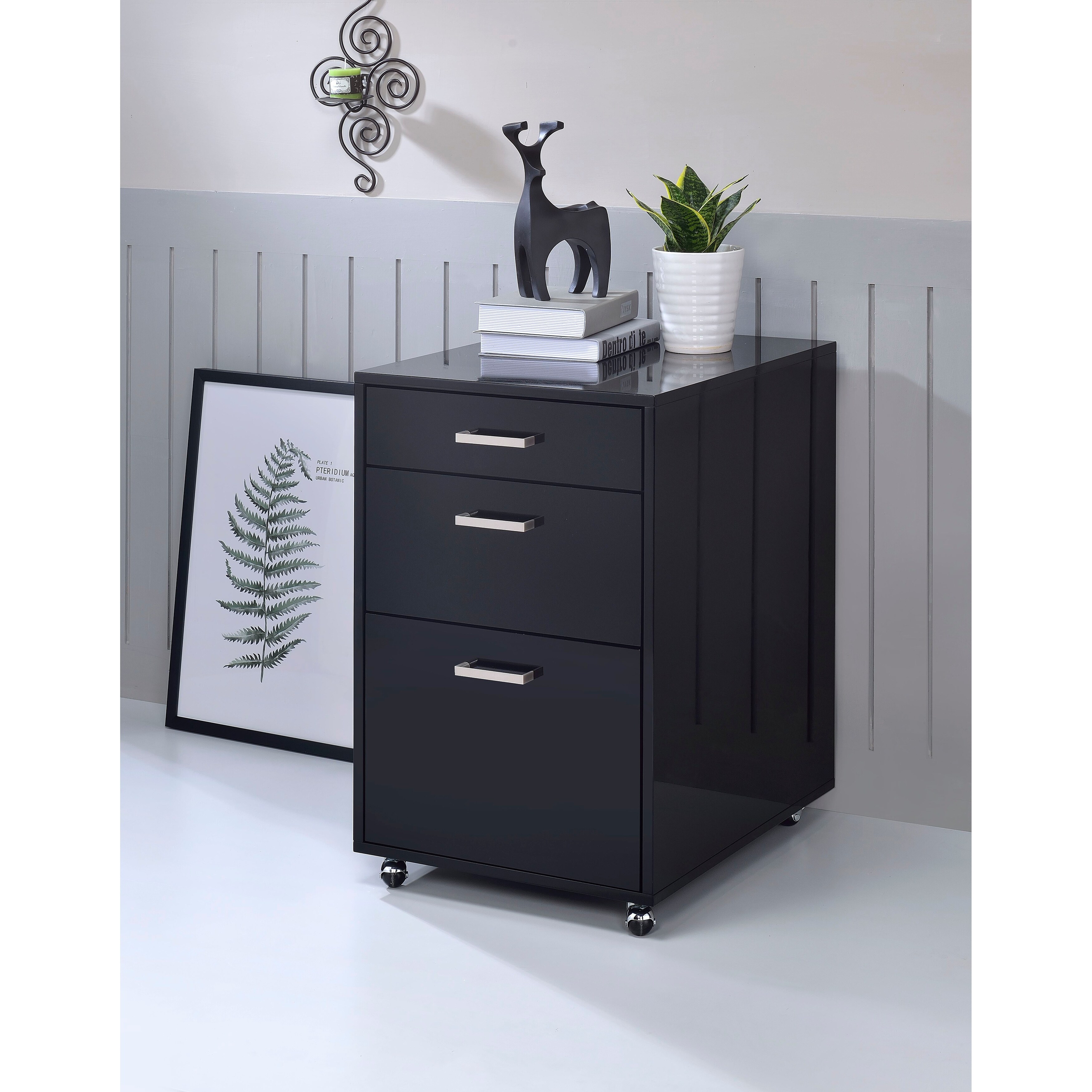 File Cabinet， Black High Gloss and Chrome - Mycitystee