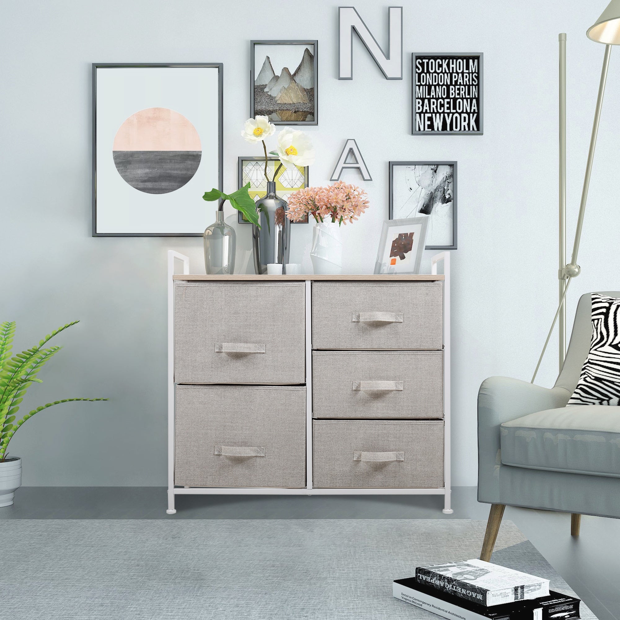 3-Tier Storage Dresser with 5 Non-woven Fabric Drawers for Living Room， Bedroom and Entryway， Natural Wood - - 35936658 - Mycitystee