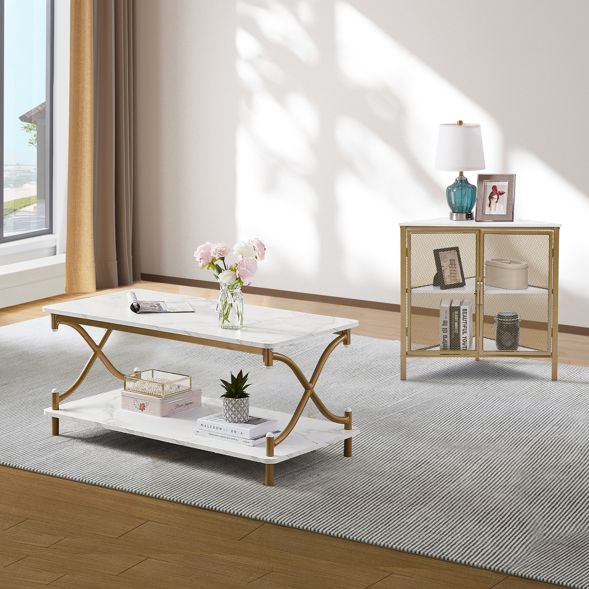 VECELO 2-Piece Coffee Table Set Sofa Table and Corner Side Table with Metal Mesh Doors - Mycitystee