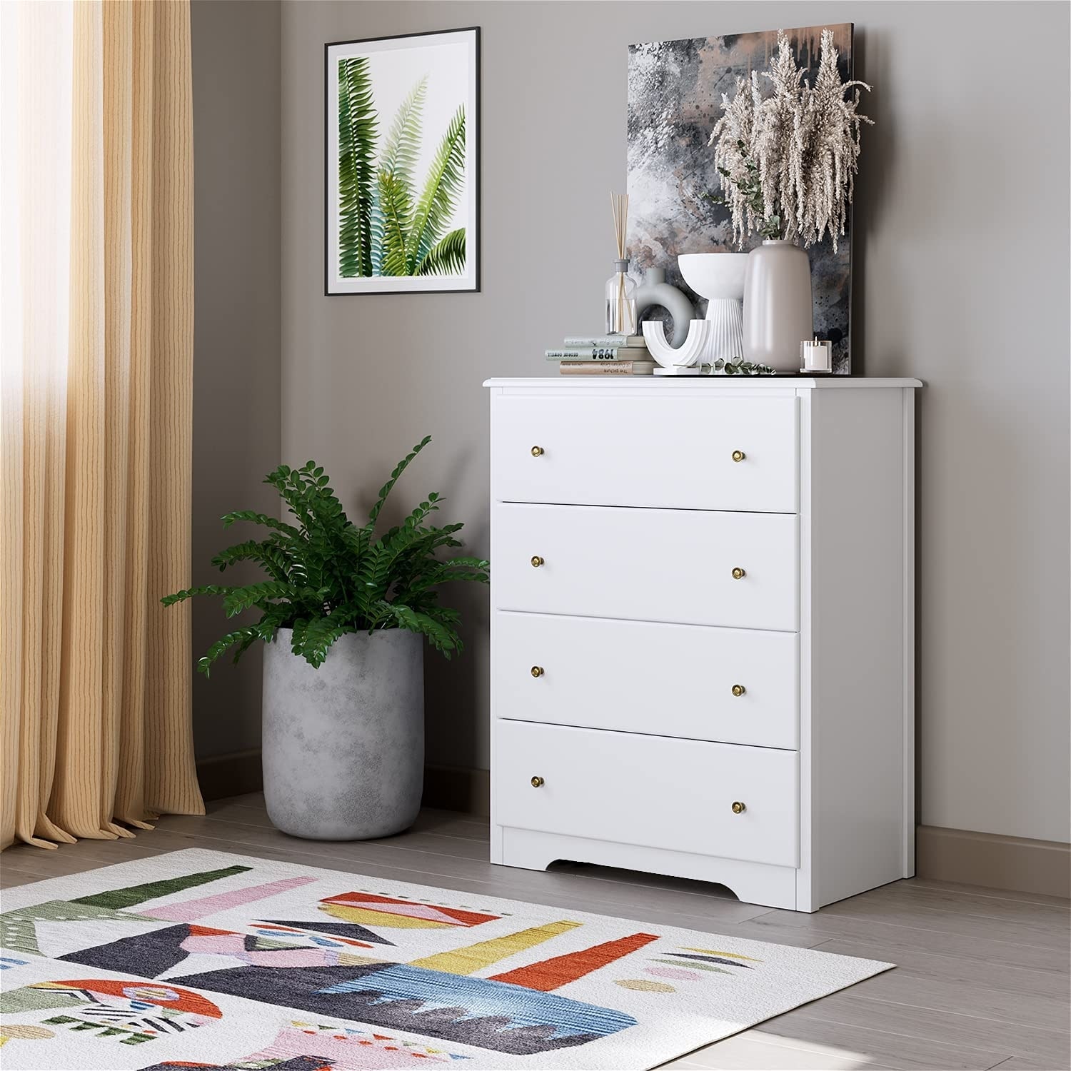 White Dresser with 4 Drawers， Modern Wide Chest of Drawers， Solid Wood Frame， Tall Storage Chest， Nightstand - as picture - - 37668503 - Mycitystee