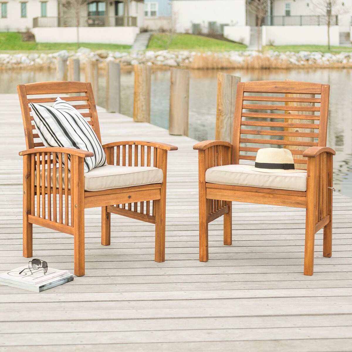 Ultimate Patio Horizon Way 2 Piece Brown Acacia Patio Dining Arm Chair Set W/ Natural Cushions - Mycitystee