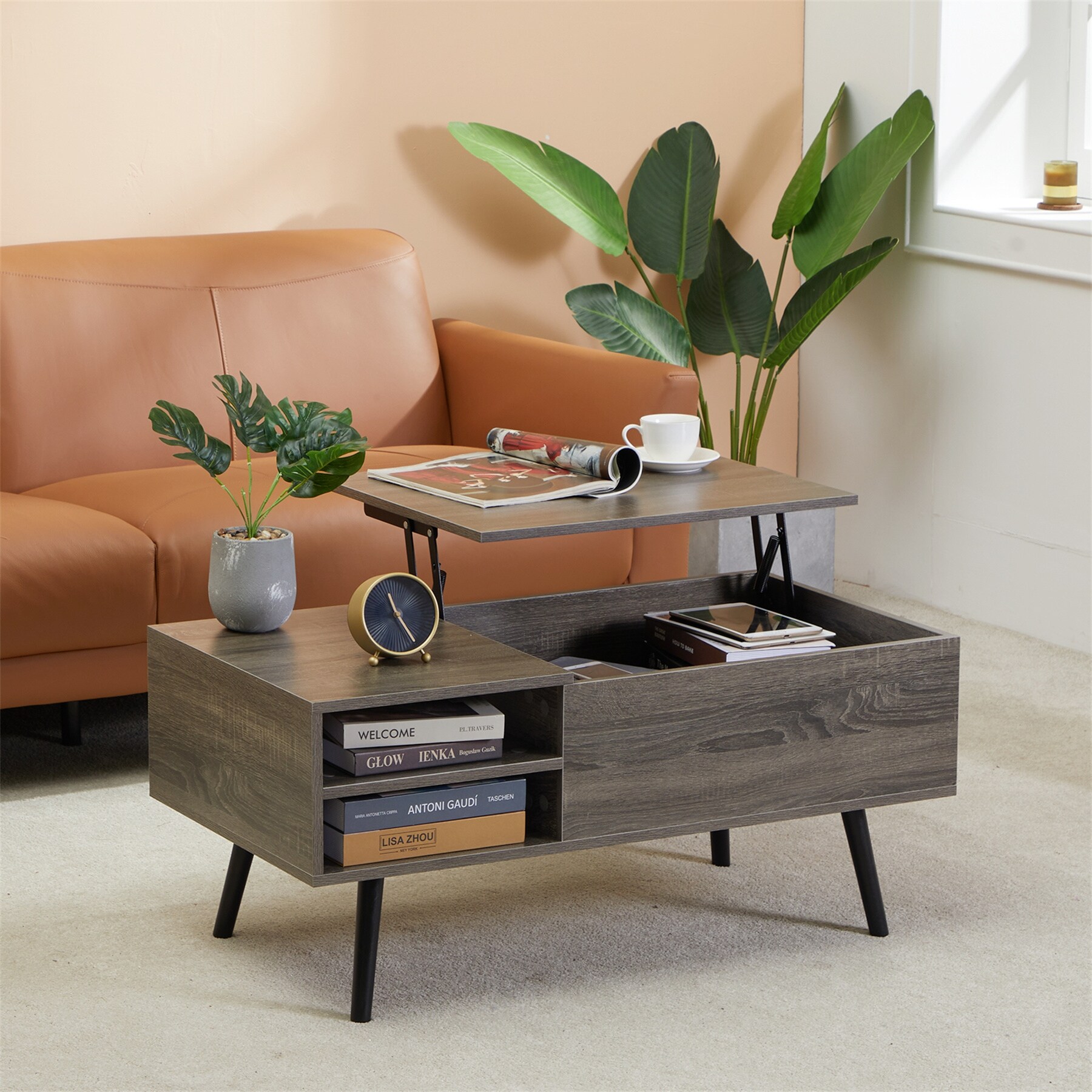 Lift-top Coffee Table with Storage Shelf and Hidden Compartment - Mycitystee