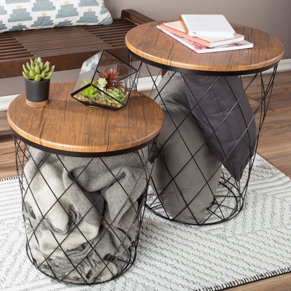 Set of 3 Living Room Tables - Metal Basket Storage with Removable Lids - 2 Small Side and 1 Large Accent Table (Brown/Black) - Mycitystee