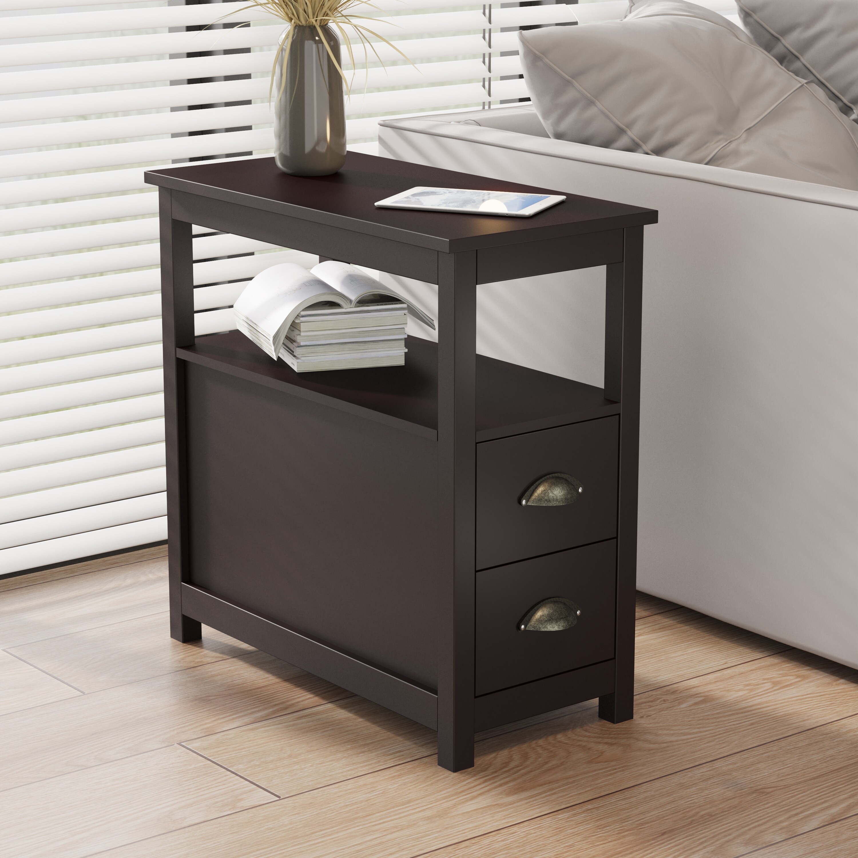 End Table Narrow Nightstand With Two Drawers And Open Shelf - Mycitystee