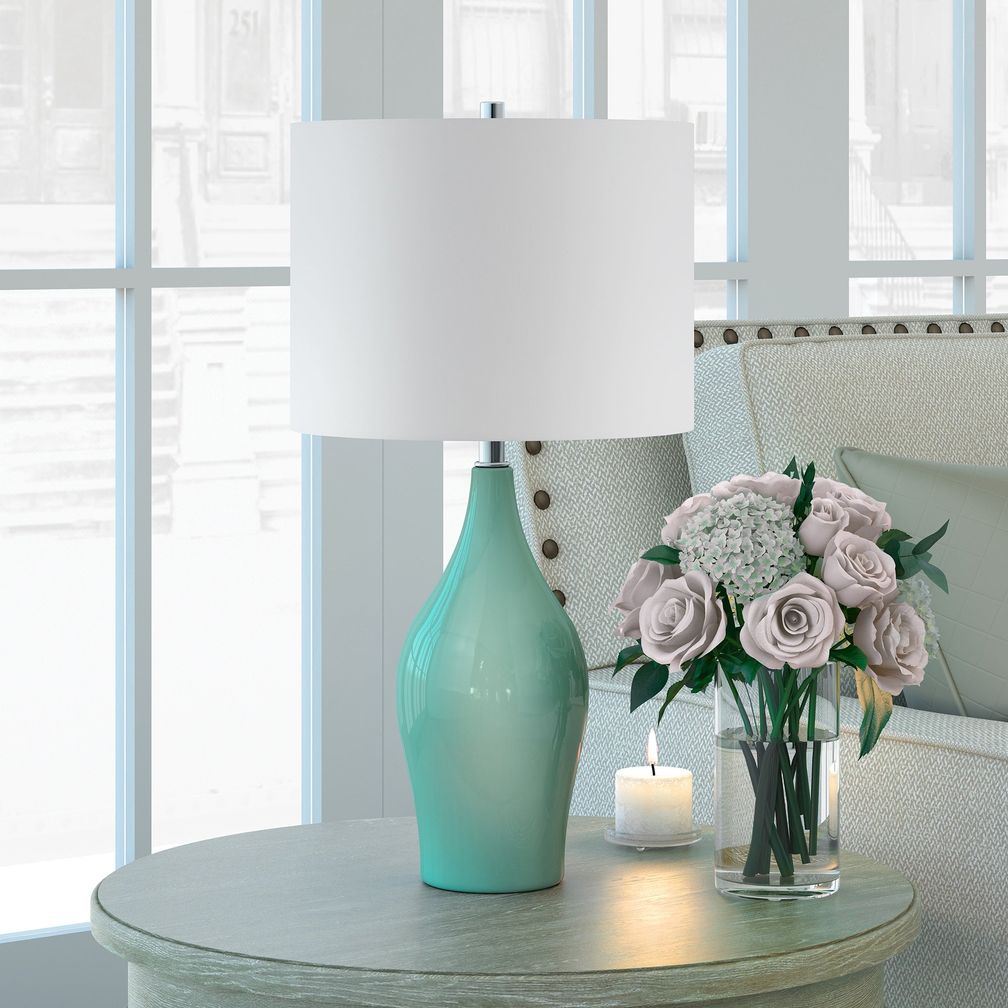 Niklas Ceramic Table Lamp in Teal Blue and Taupe with Linen Shade - Mycitystee