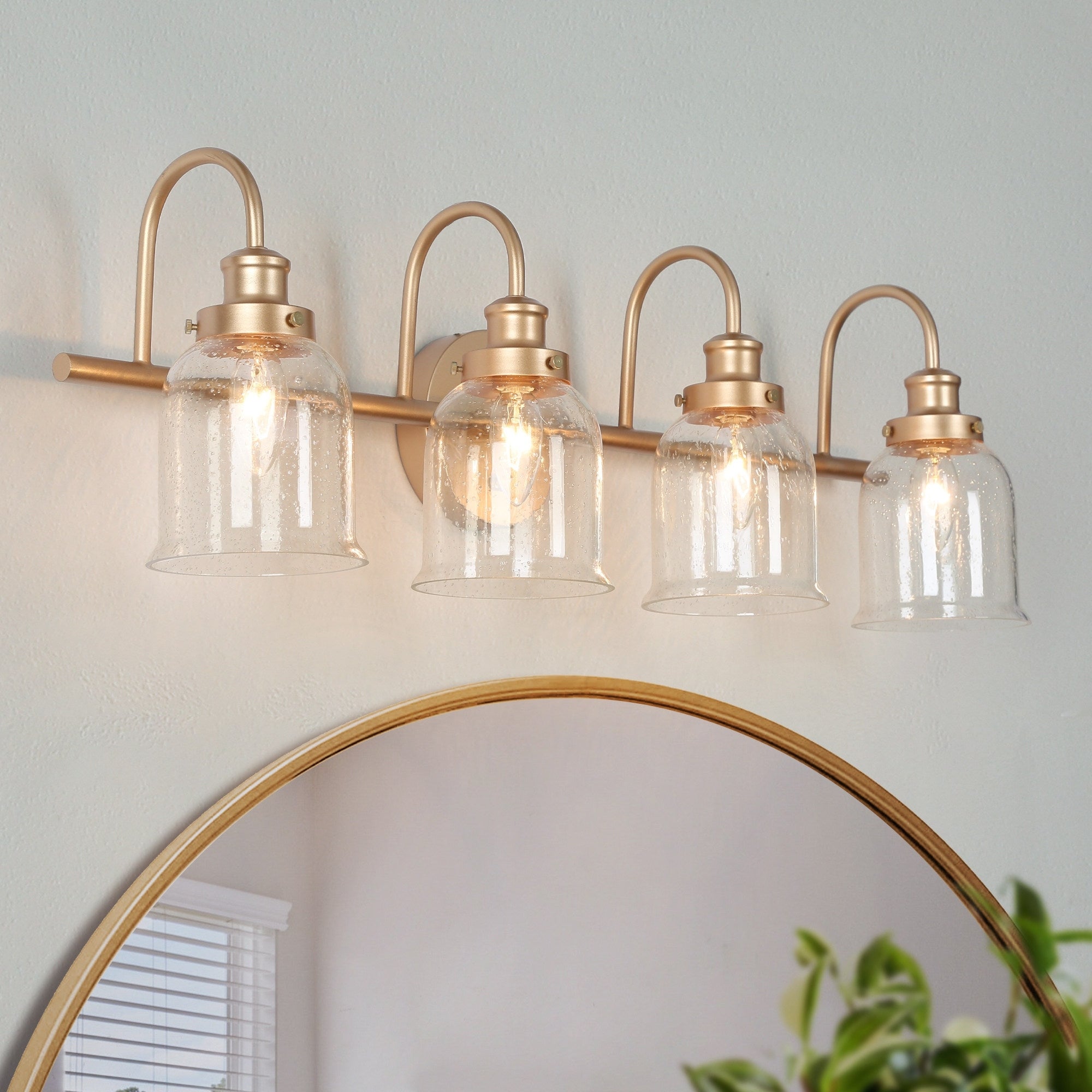 4-light Mid-century Modern Gold Bathroom Vanity Light Bell Clear Seeded Glass Wall Sconces Dimmable - L 28