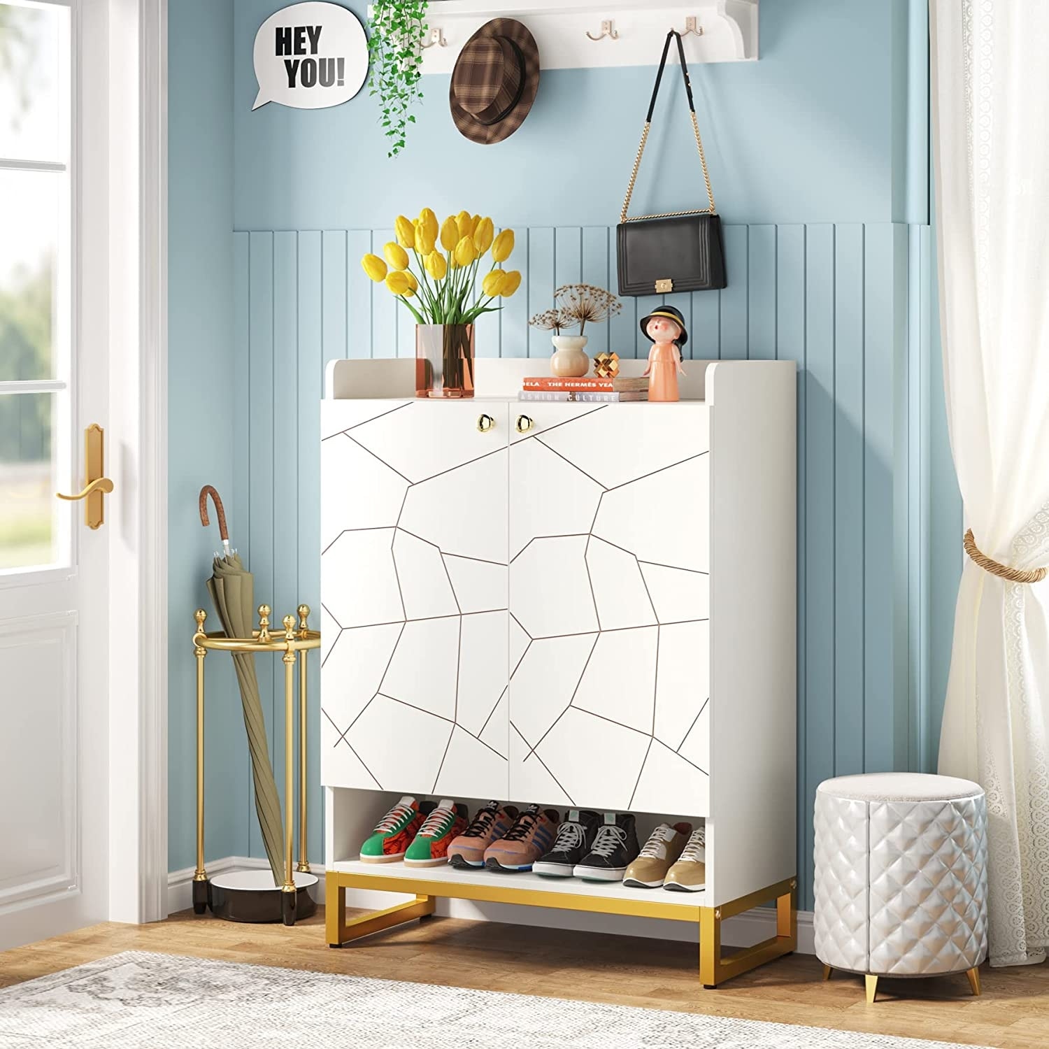White Gold Shoe Cabinet with Door， 6-Tiers 2-Door Shoes Storage Organizer Cabinets - - 36912110 - Mycitystee