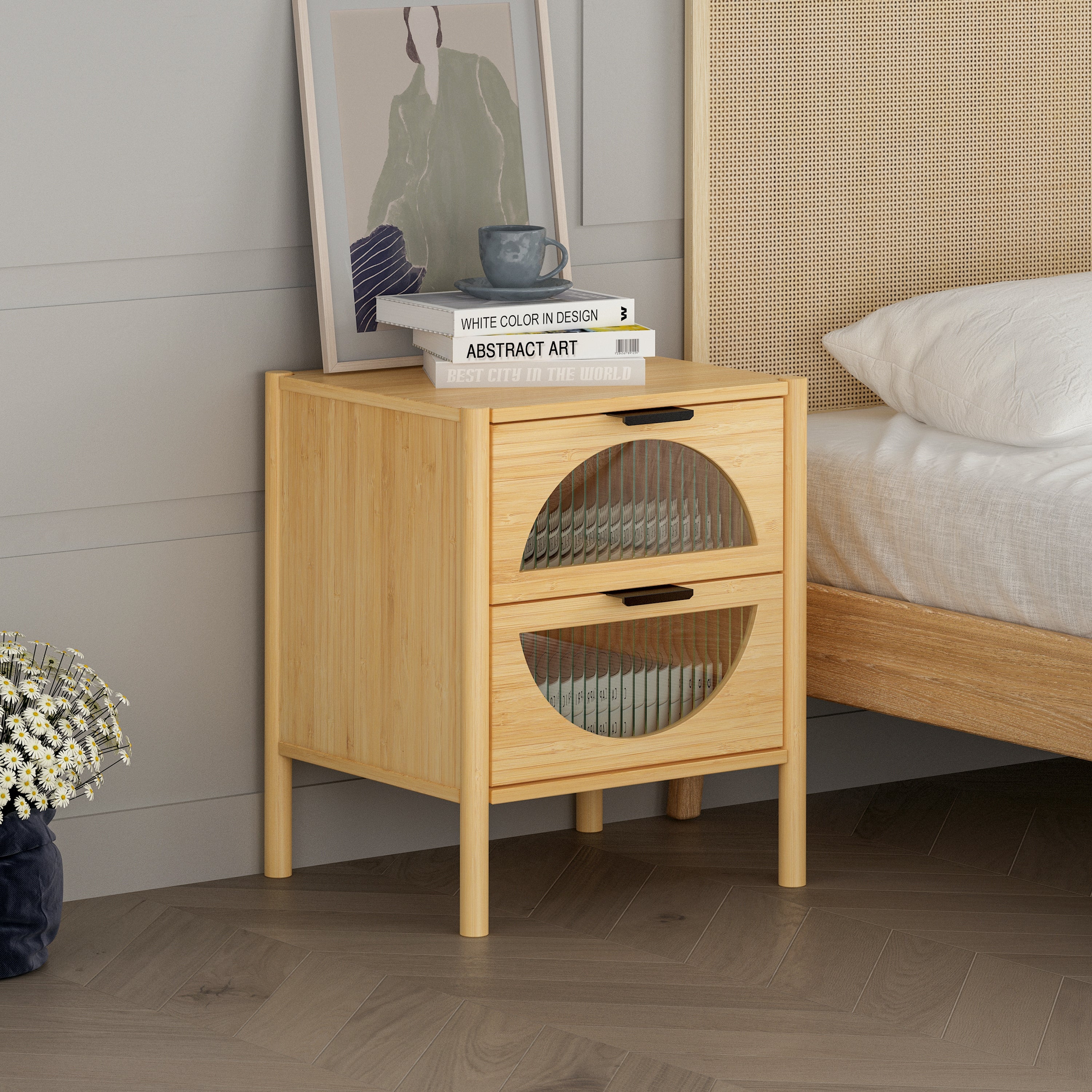 2 Drawer End Table，Bamboo Mid Century Modern Nightstand - Mycitystee