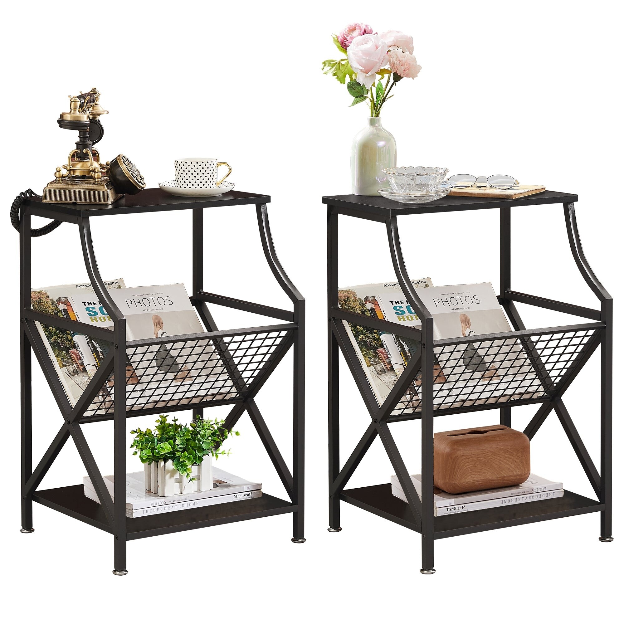 Modern 3-tier Open Storage Shelf Side Table Set of 2 Magazine Holder - Mycitystee