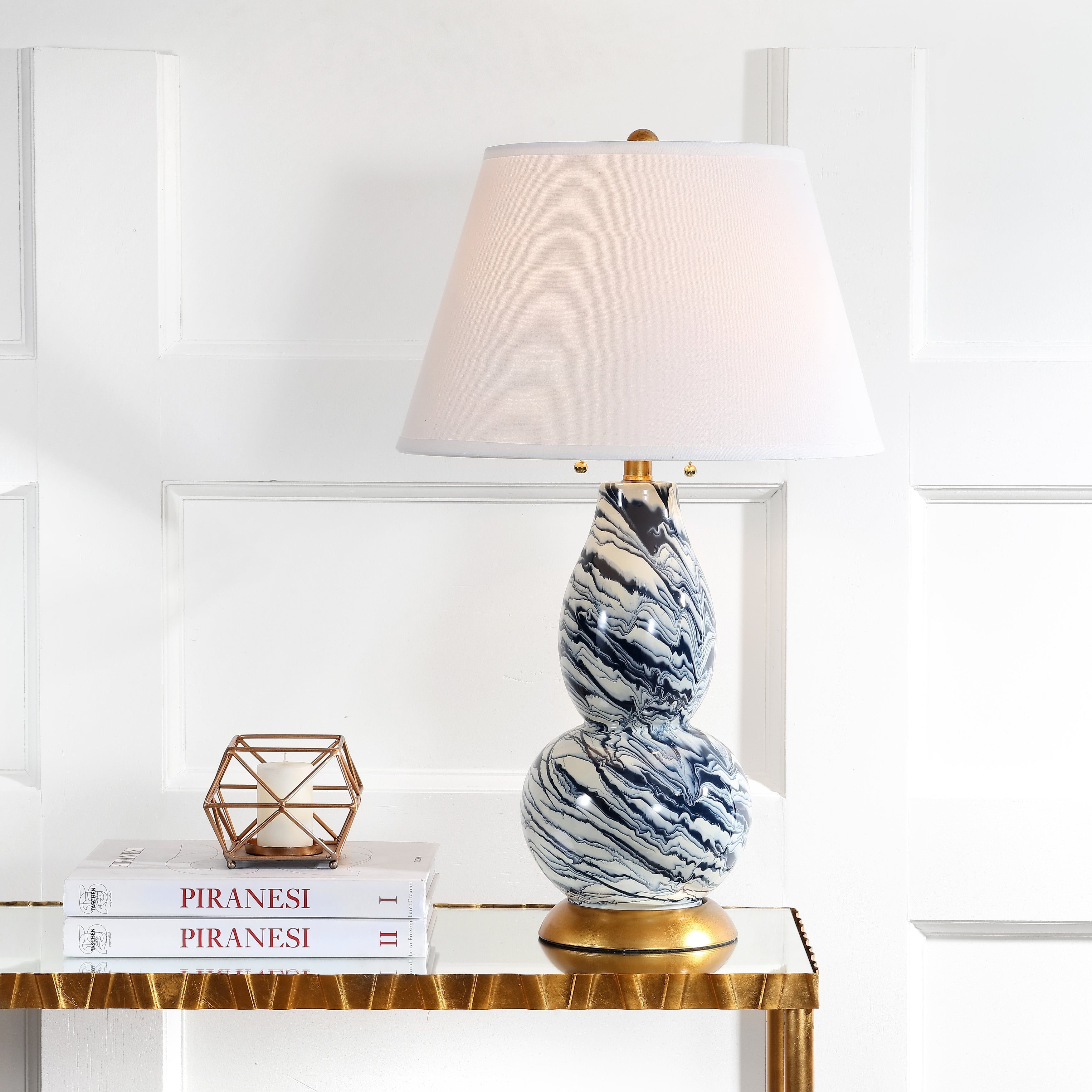 SAFAVIEH Lighting 29-inch Navy and White Color Swirls Glass Table Lamp (Set of 2) - 17