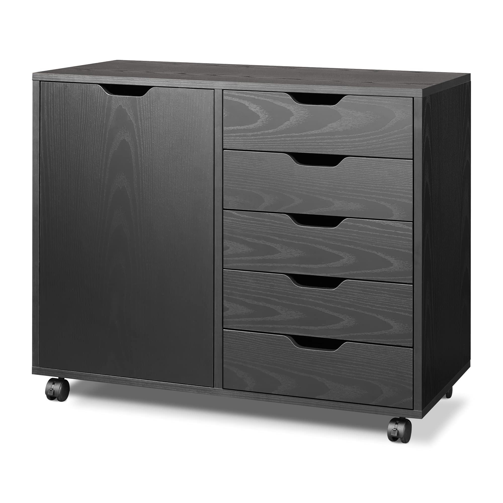 5-Drawer Wood Dresser Chest with Door， Mobile Storage Cabinet， Printer Stand for Home Office， Multifunctional - - 37828410 - Mycitystee