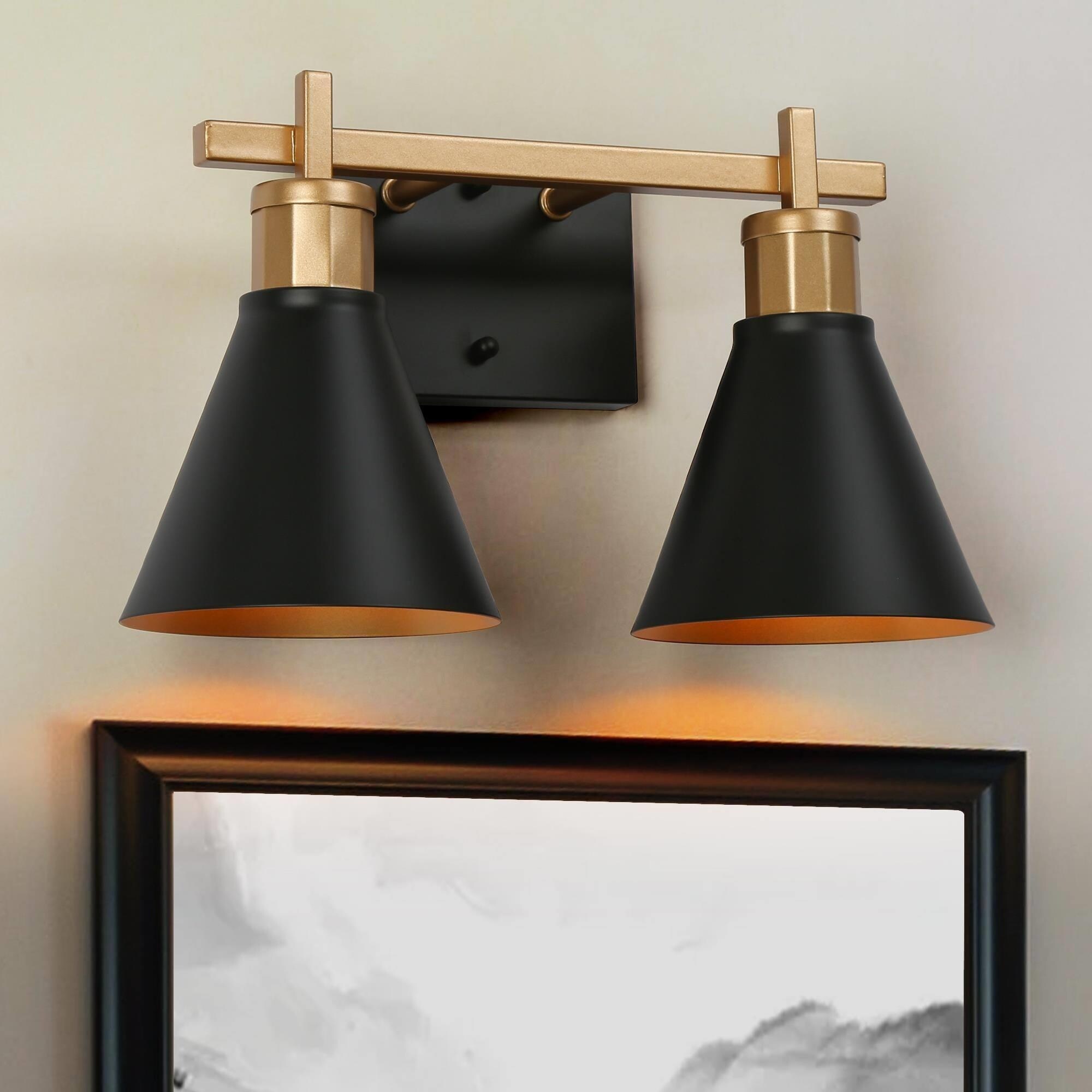 2-Light Modern Black Gold Bathroom Vanity Lights Linear Metal Wall Sconces - L14'' x W7.5'' x H8.5'' - Mycitystee