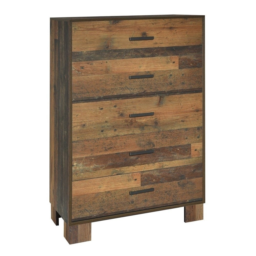 5 Drawer Rustic Chest with Nails and Grain Details， Dark Brown - - 31197649 - Mycitystee