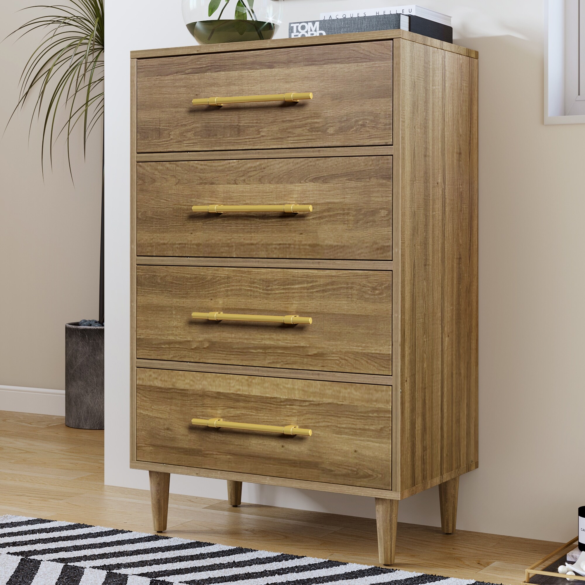 Modern Natural Walnut Chest with 4-drawer and Golden Handles - - 35648759 - Mycitystee