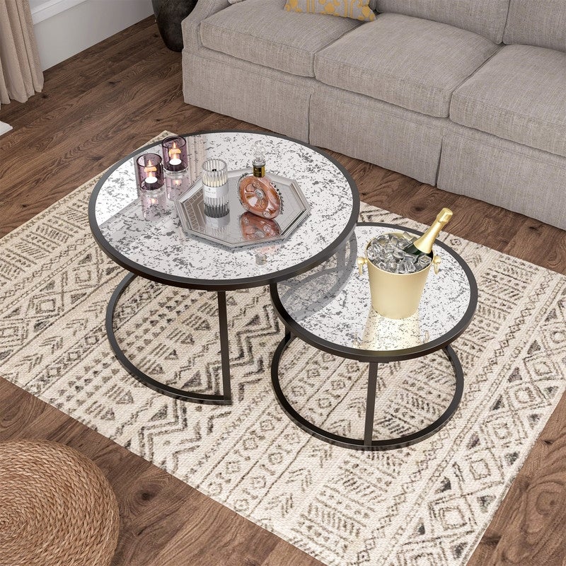 Set of 2 round coffee tables with metal frame and glass top table - Mycitystee