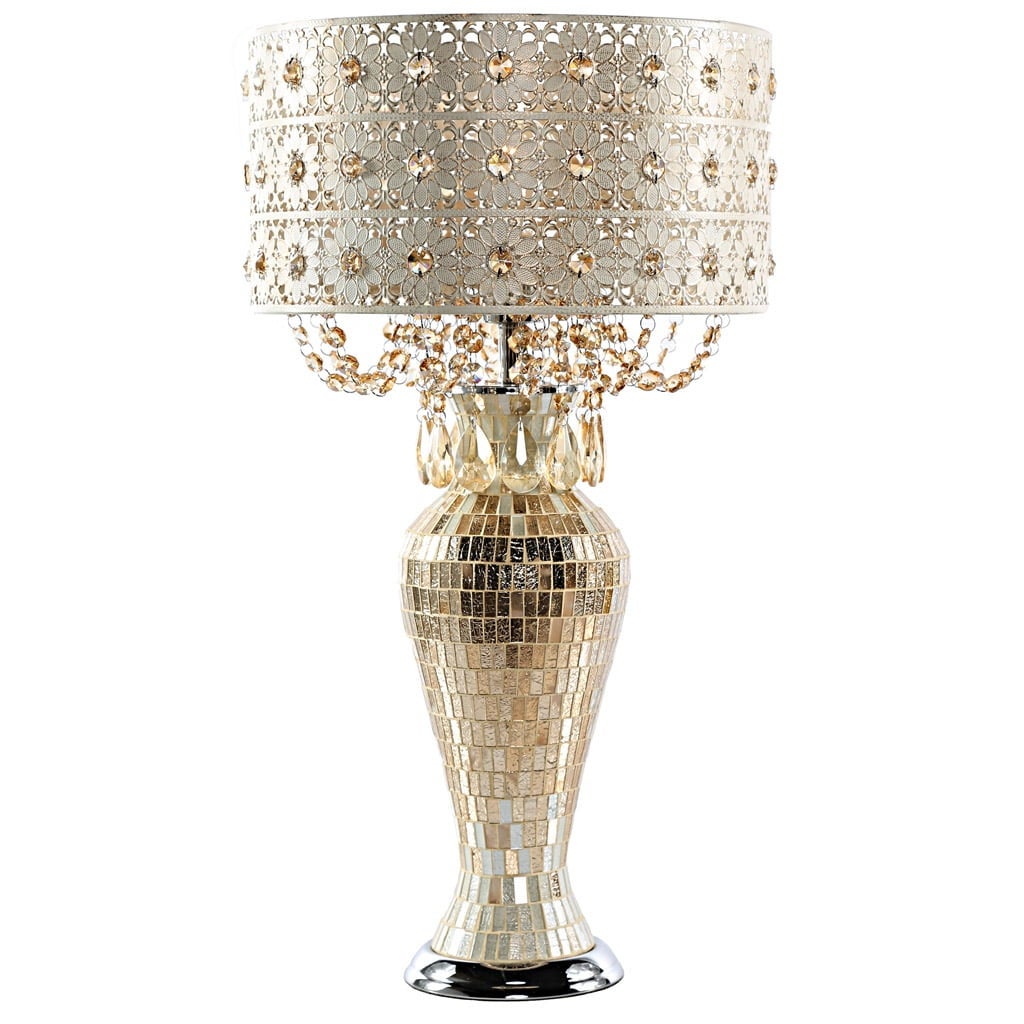 Multi-color Jeweled Metal and Mosaic Base Table Lamp with Cascading Crystals - Mycitystee