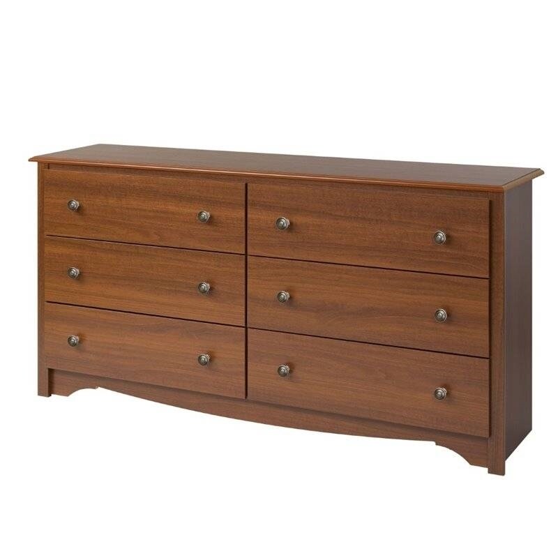 Bedroom Dresser in Medium Brown Cherry Finish with 6 Drawers and Metal Knobs - - 32400587 - Mycitystee