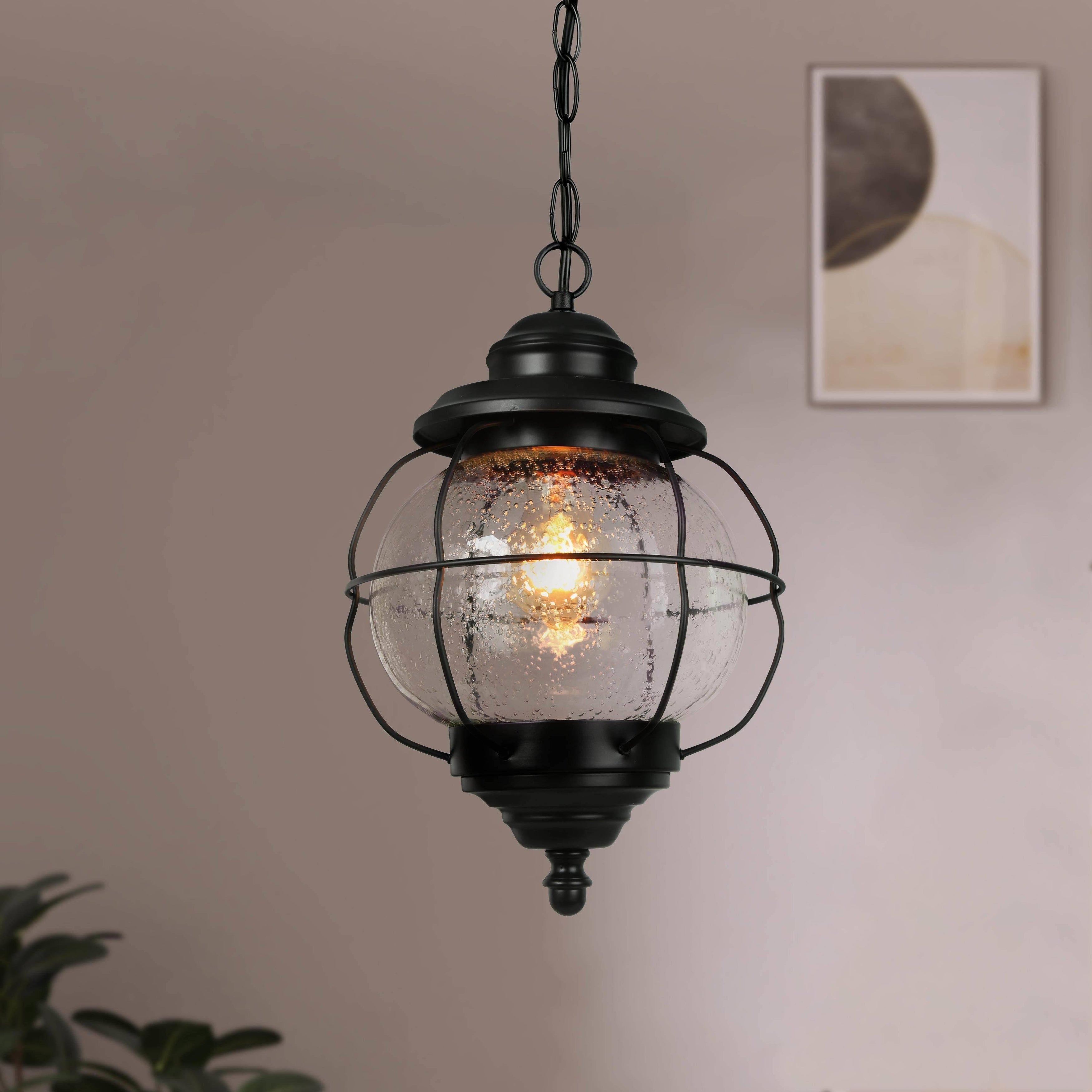 Farmhouse Black Seeded 1-Light Glass Lantern Outdoor Patio Pendant Lights - 10.2