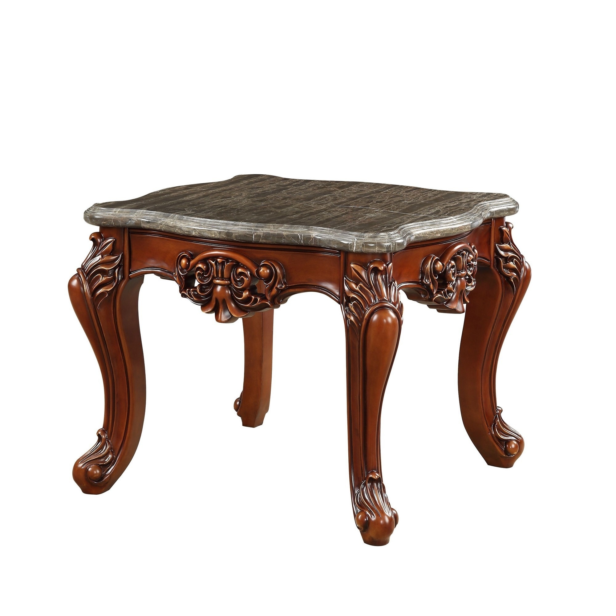 30 Inch Classic Square Marble Top End Table， Cabriole Legs， Gray， Brown - Mycitystee