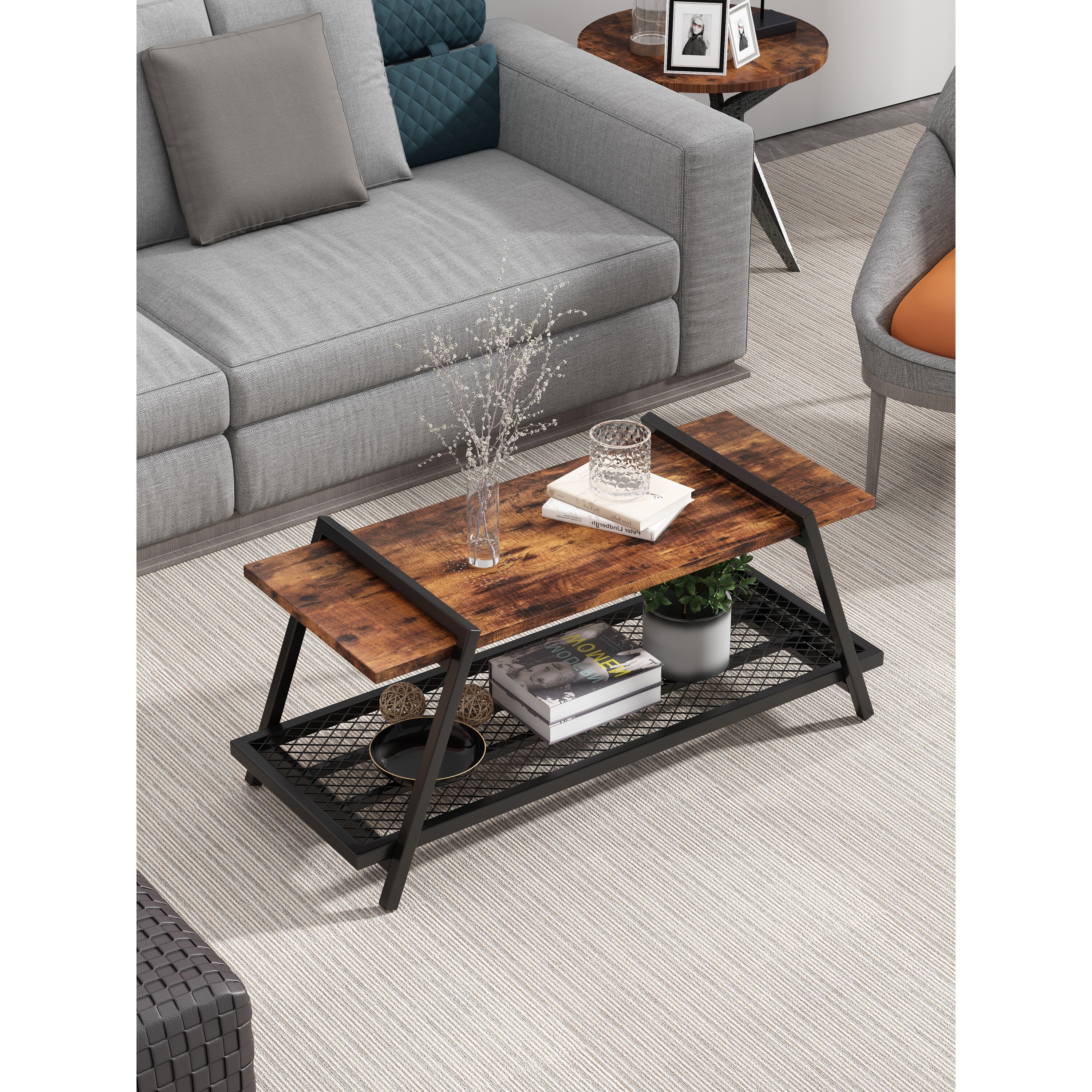 Modern Coffee Tables Sofa Table with Mesh Shelf for Living Room - Mycitystee