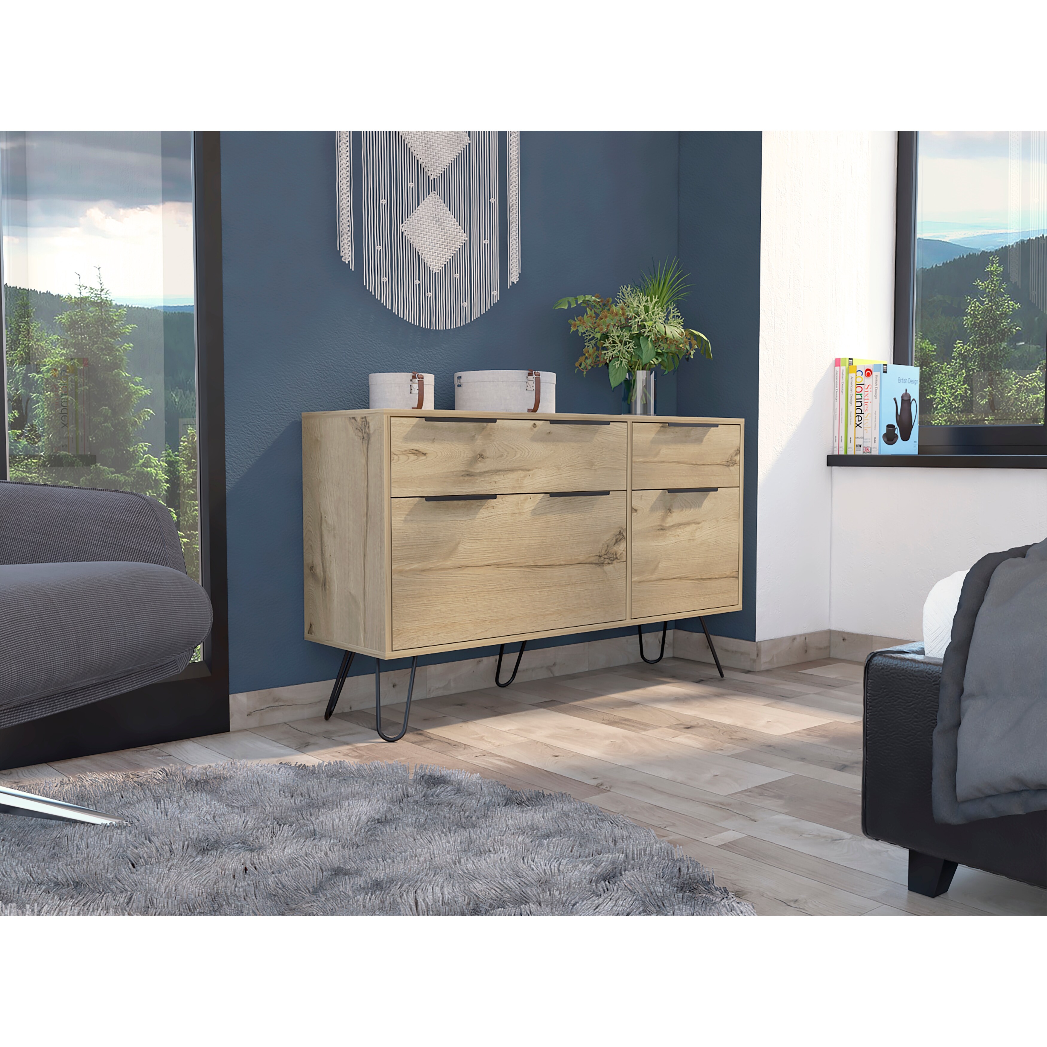 Monaco Double Dresser with 4 Drawers， Superior Top， and Hairpin Legs - - 35470484 - Mycitystee