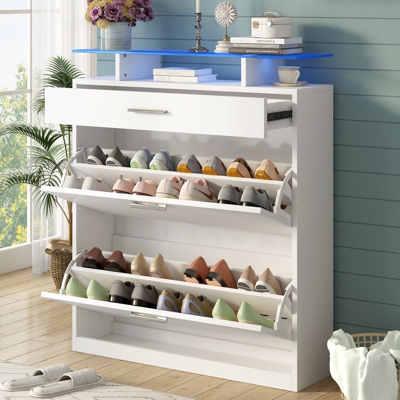 Entryway Organizer Shoe Storage Cabinet with LED Light，2 Flip Drawers - - 37765432 - Mycitystee